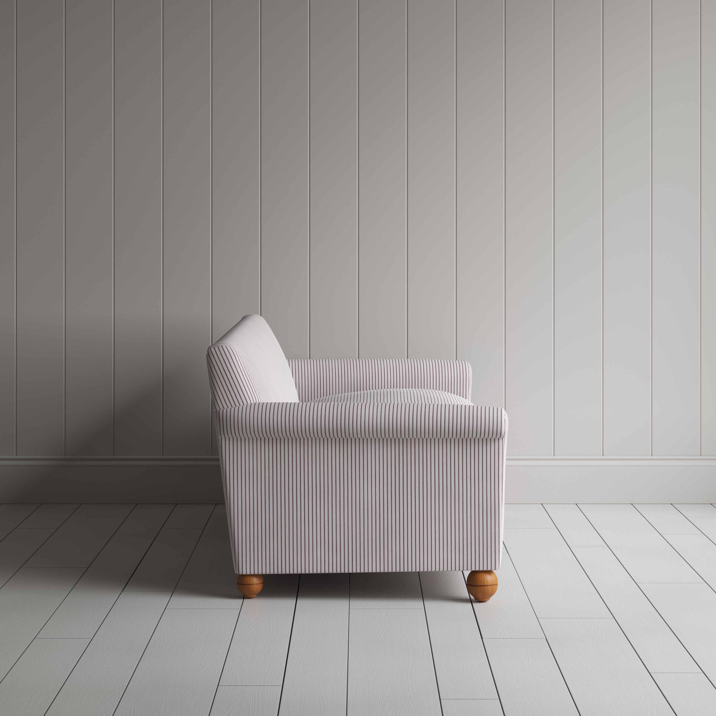 Idler 4 Seater Sofa in Ticking Cotton, Berry, Side View - Nicola Harding