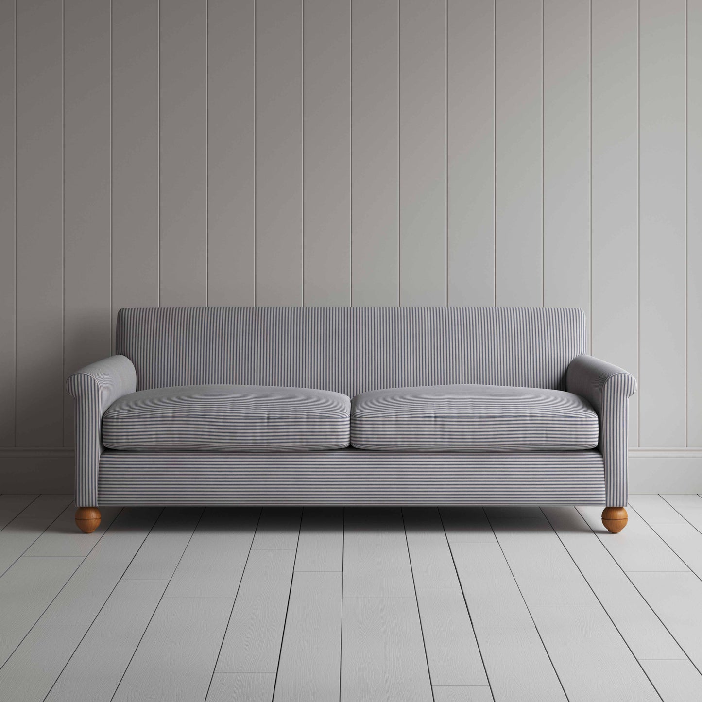 Idler 4 Seater Sofa in Ticking Cotton, Blue Brown - Nicola Harding