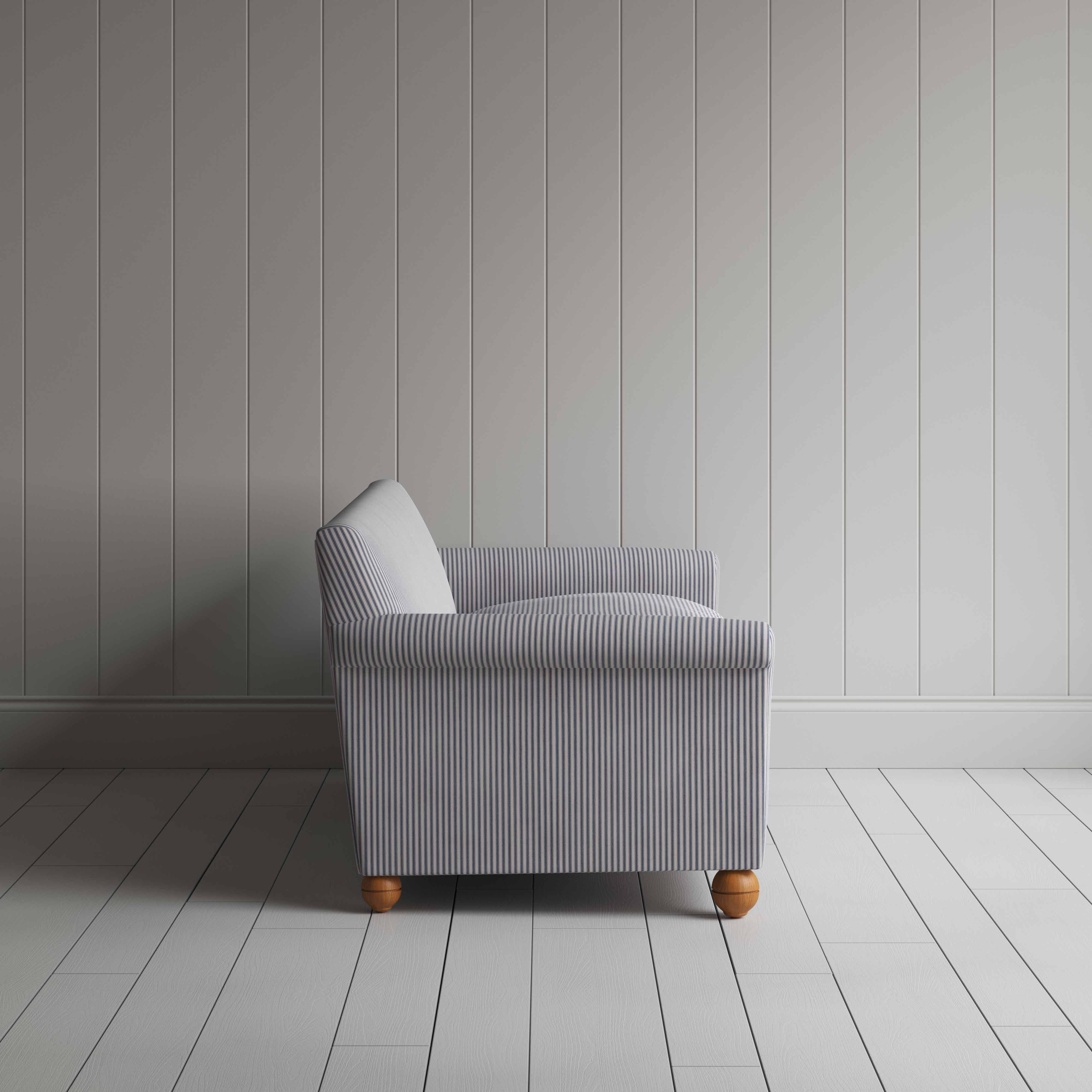  Idler 4 Seater Sofa in Ticking Cotton, Blue Brown, Side View - Nicola Harding 