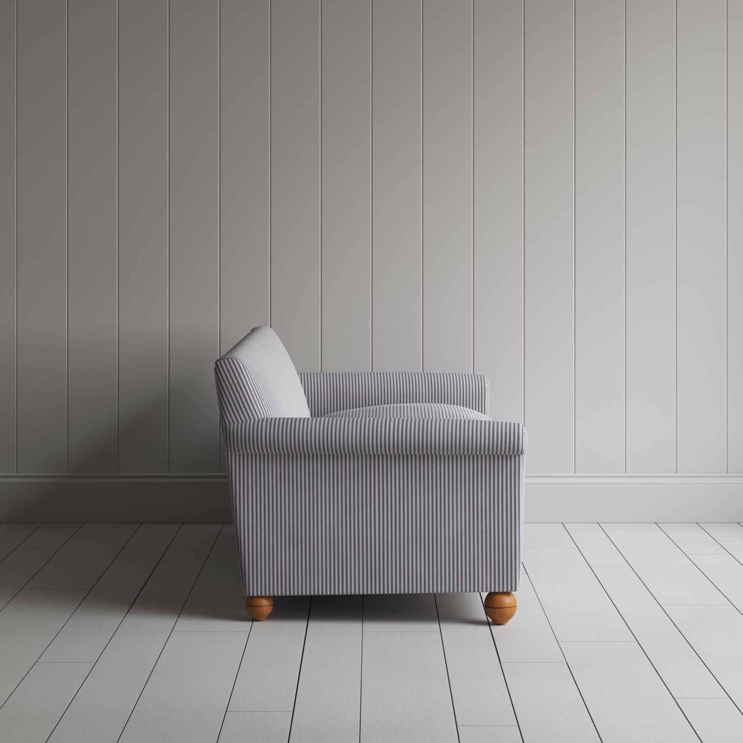 Idler 4 Seater Sofa in Ticking Cotton, Blue Brown, Side View - Nicola Harding