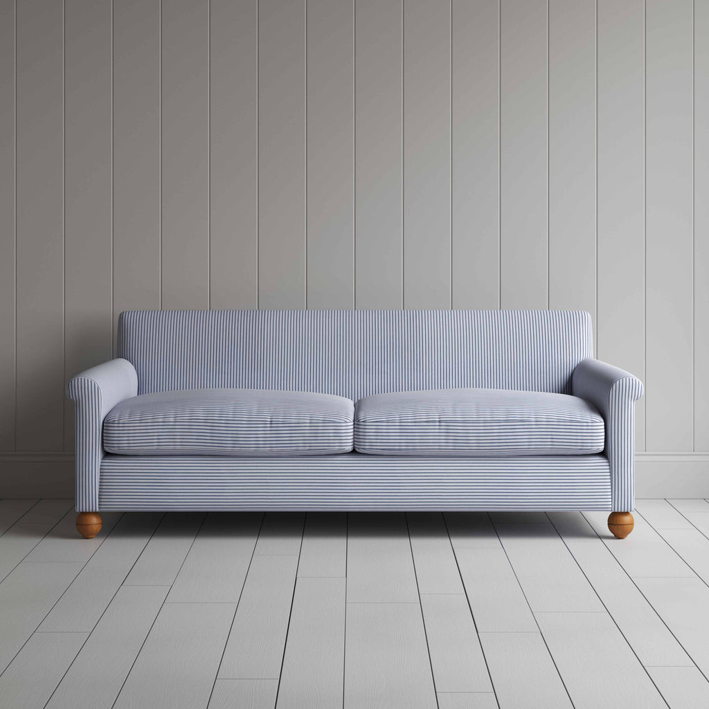  Idler 4 Seater Sofa in Ticking Cotton, Aqua Brown, Front View - Nicola Harding 