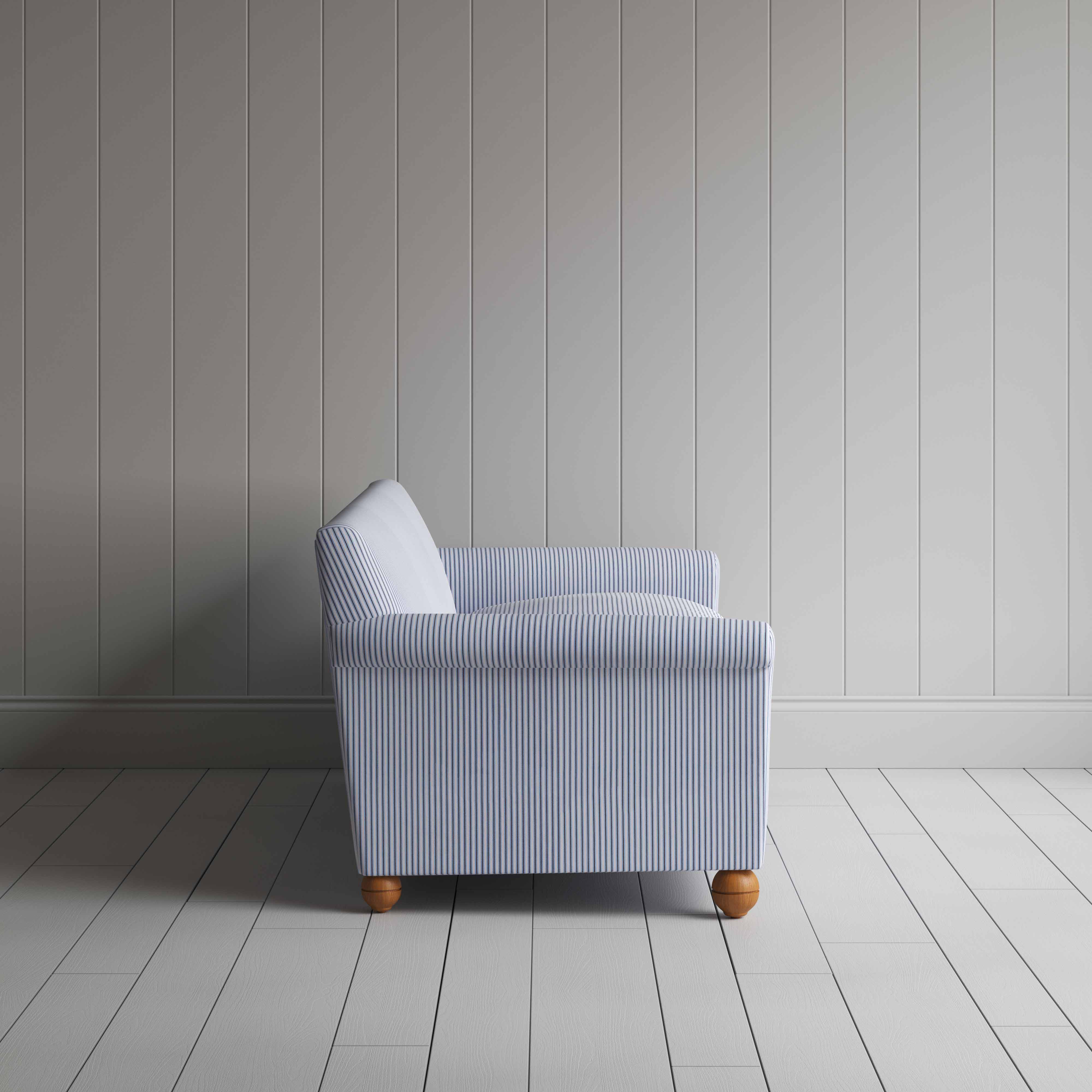  Idler 4 Seater Sofa in Ticking Cotton, Aqua Brown, Side View - Nicola Harding 