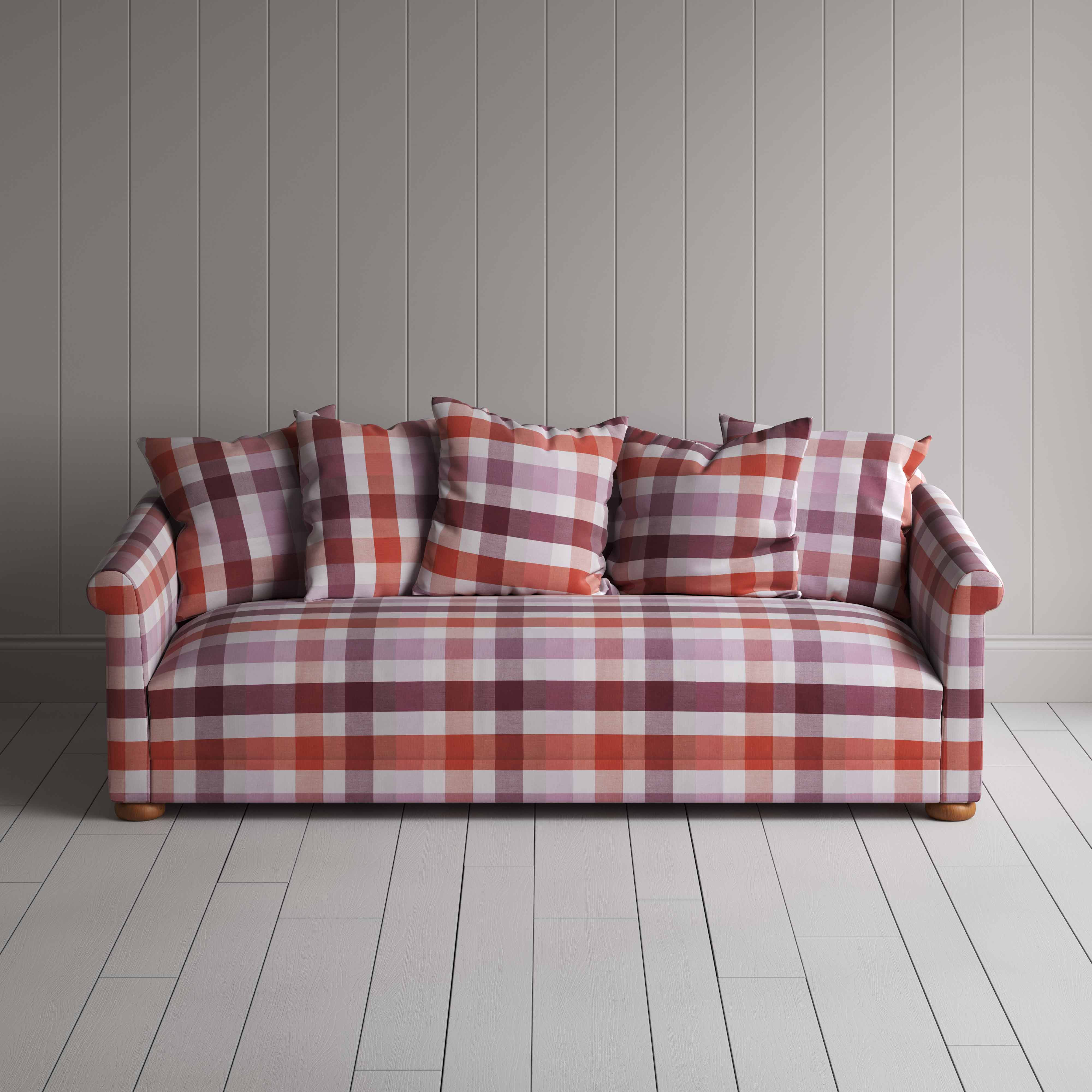  More the Merrier 4 Seater Sofa in Checkmate Cotton, Berry - Nicola Harding 