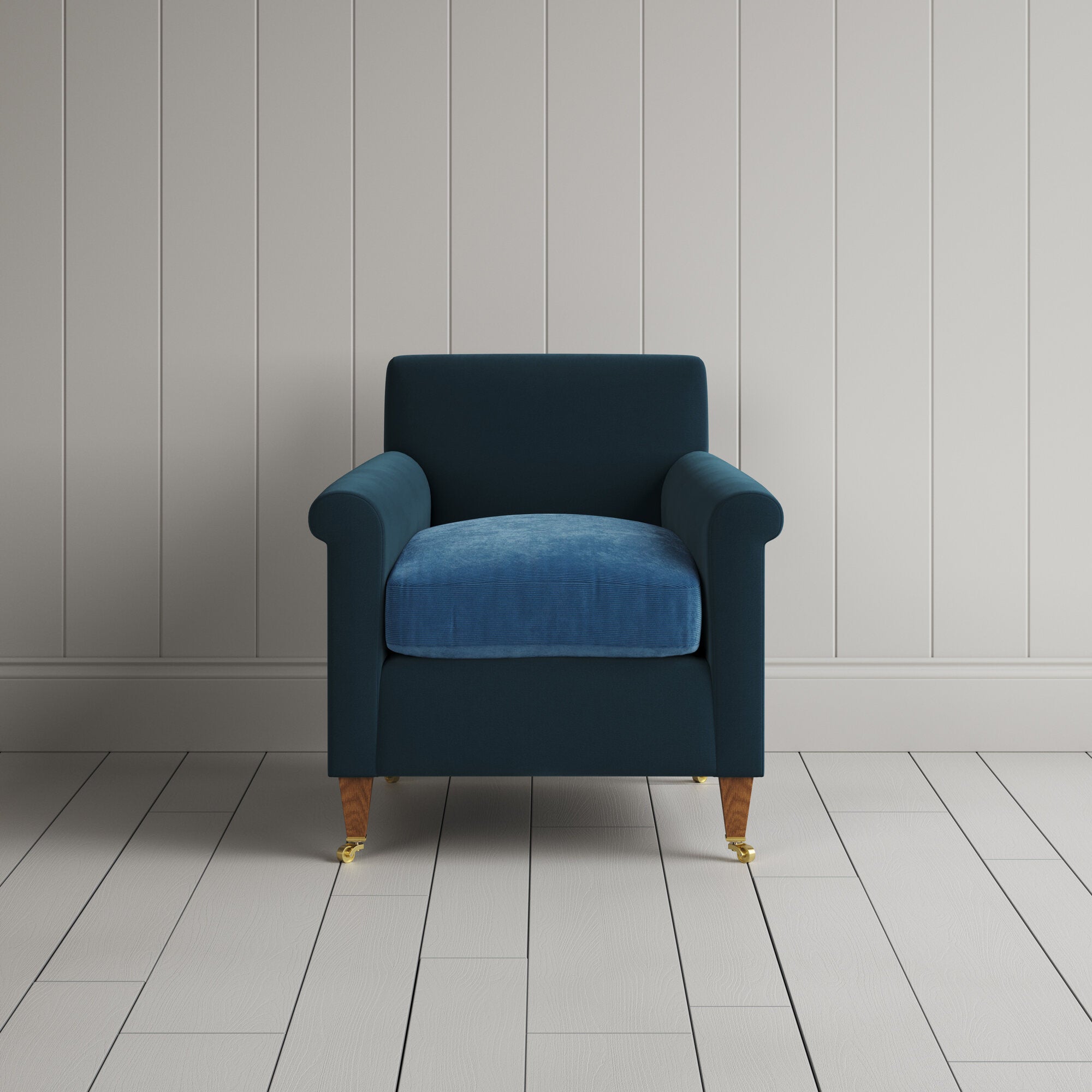  Idler Armchair in Intelligent Velvet Aegean Frame and Classic Corduroy Harbour Blue Seat 