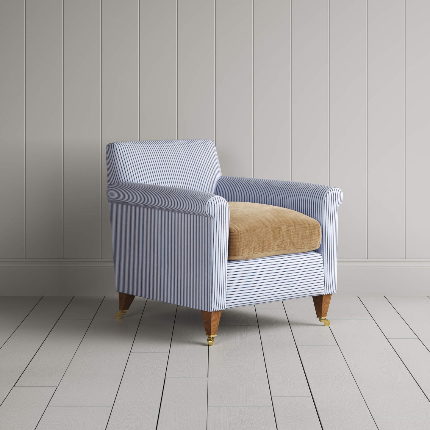 Idler Armchair in Ticking Aqua Brown Frame and Classic Corduroy Stone Beige Seat
