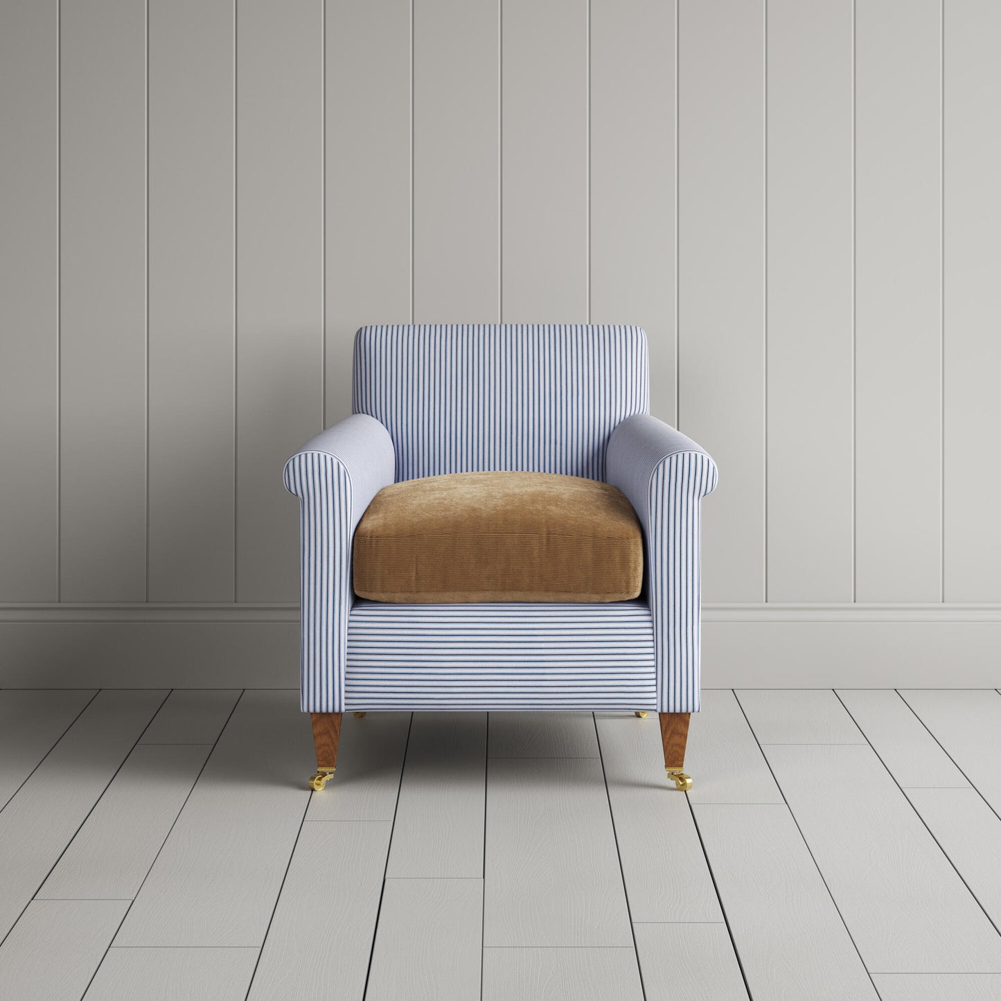 Idler Armchair in Ticking Aqua Brown Frame and Classic Corduroy Stone Beige Seat