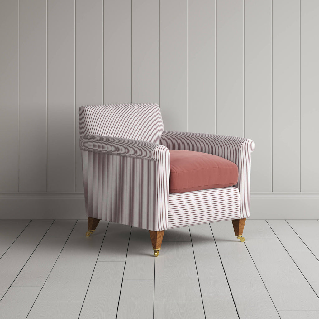  Idler Armchair in Ticking Berry Frame and Intelligent Velvet Damson Seat 