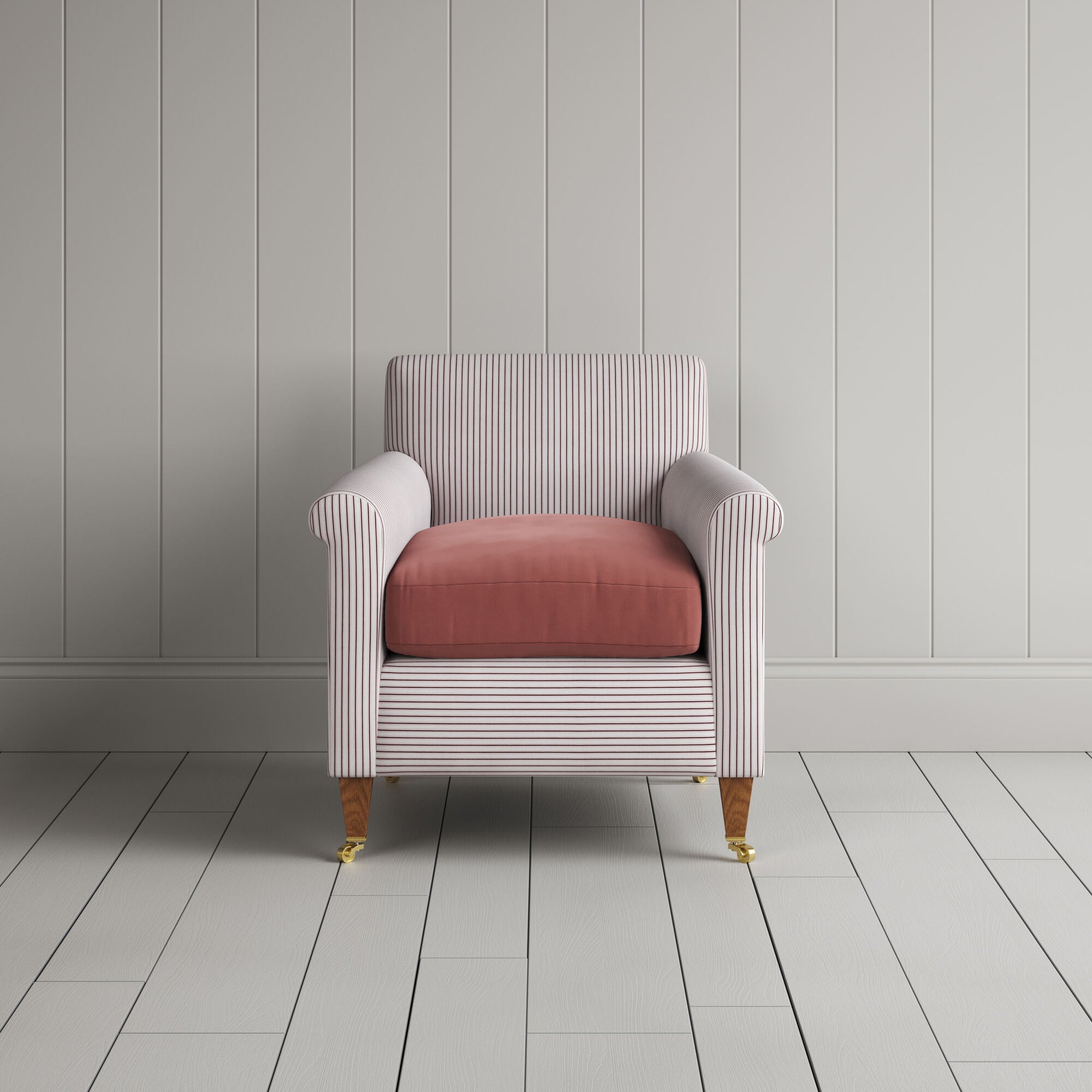  Idler Armchair in Ticking Berry Frame and Intelligent Velvet Damson Seat 