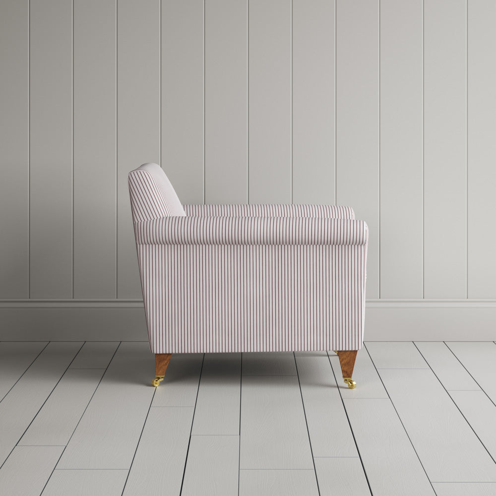 Idler Armchair in Ticking Berry Frame and Intelligent Velvet Damson Seat