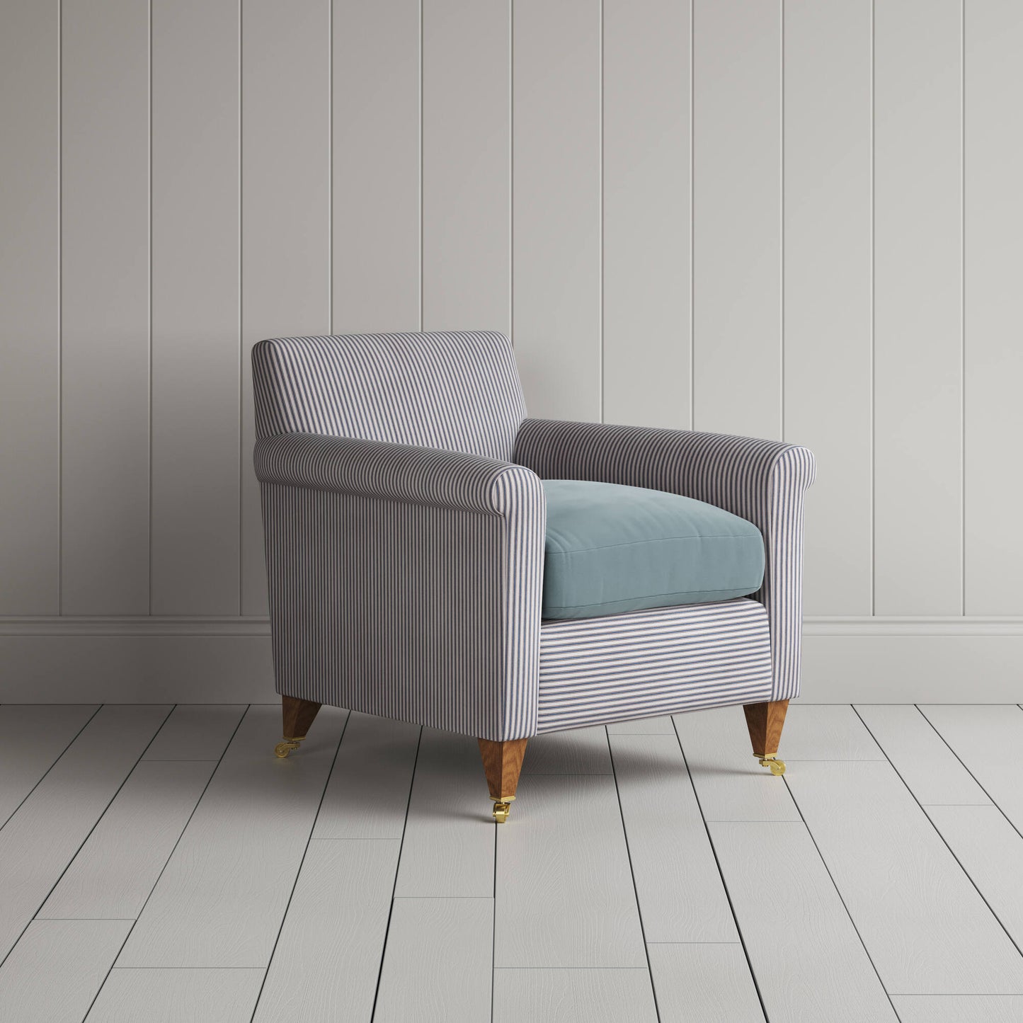 Idler Armchair in Ticking Blue Brown Frame and Intelligent Velvet Mineral Seat