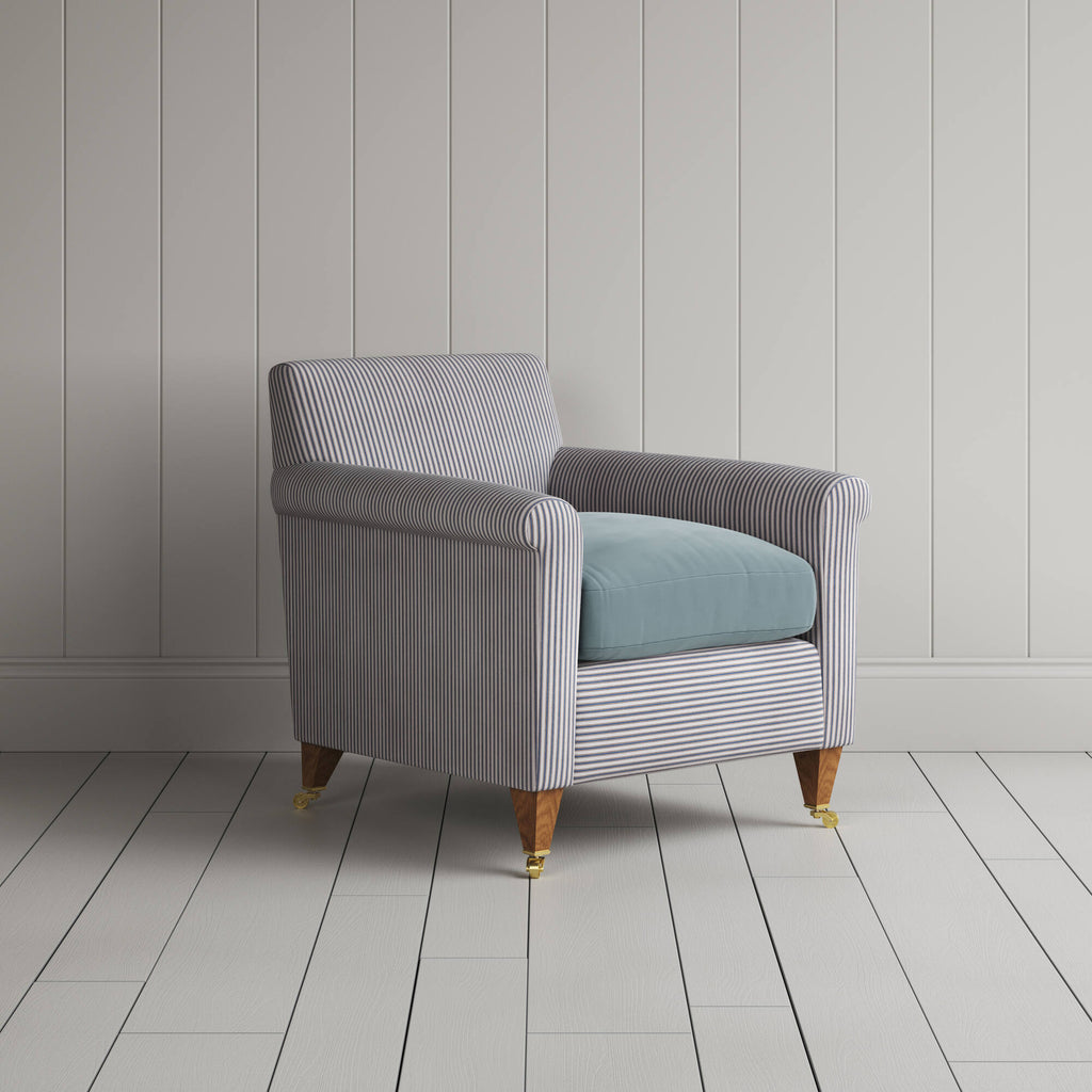  Idler Armchair in Ticking Blue Brown Frame and Intelligent Velvet Mineral Seat 