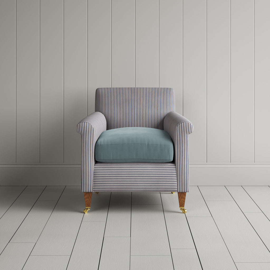 Idler Armchair in Ticking Blue Brown Frame and Intelligent Velvet Mineral Seat 