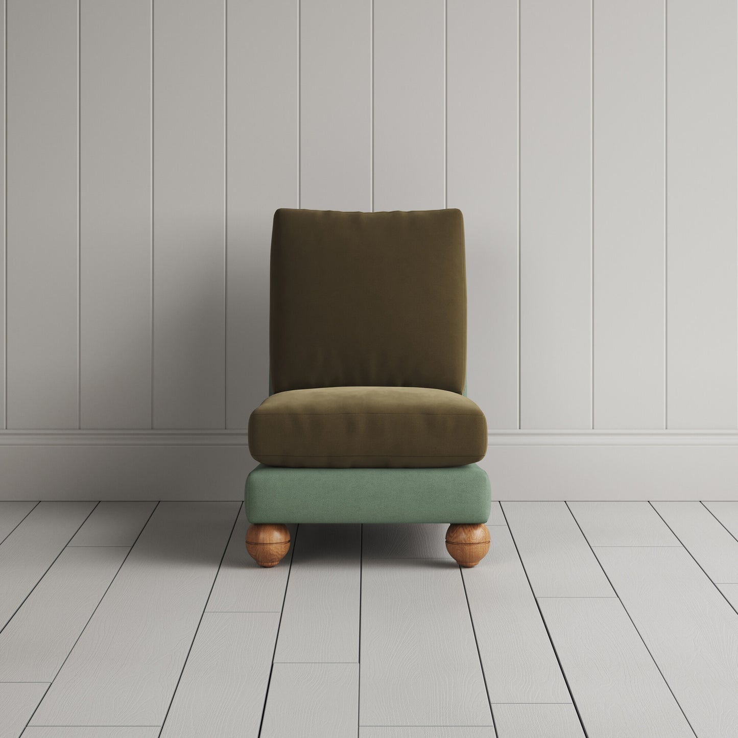 Perch Slipper Armchair in Laidback Linen Moss Frame and Intelligent Velvet Sepia Seat