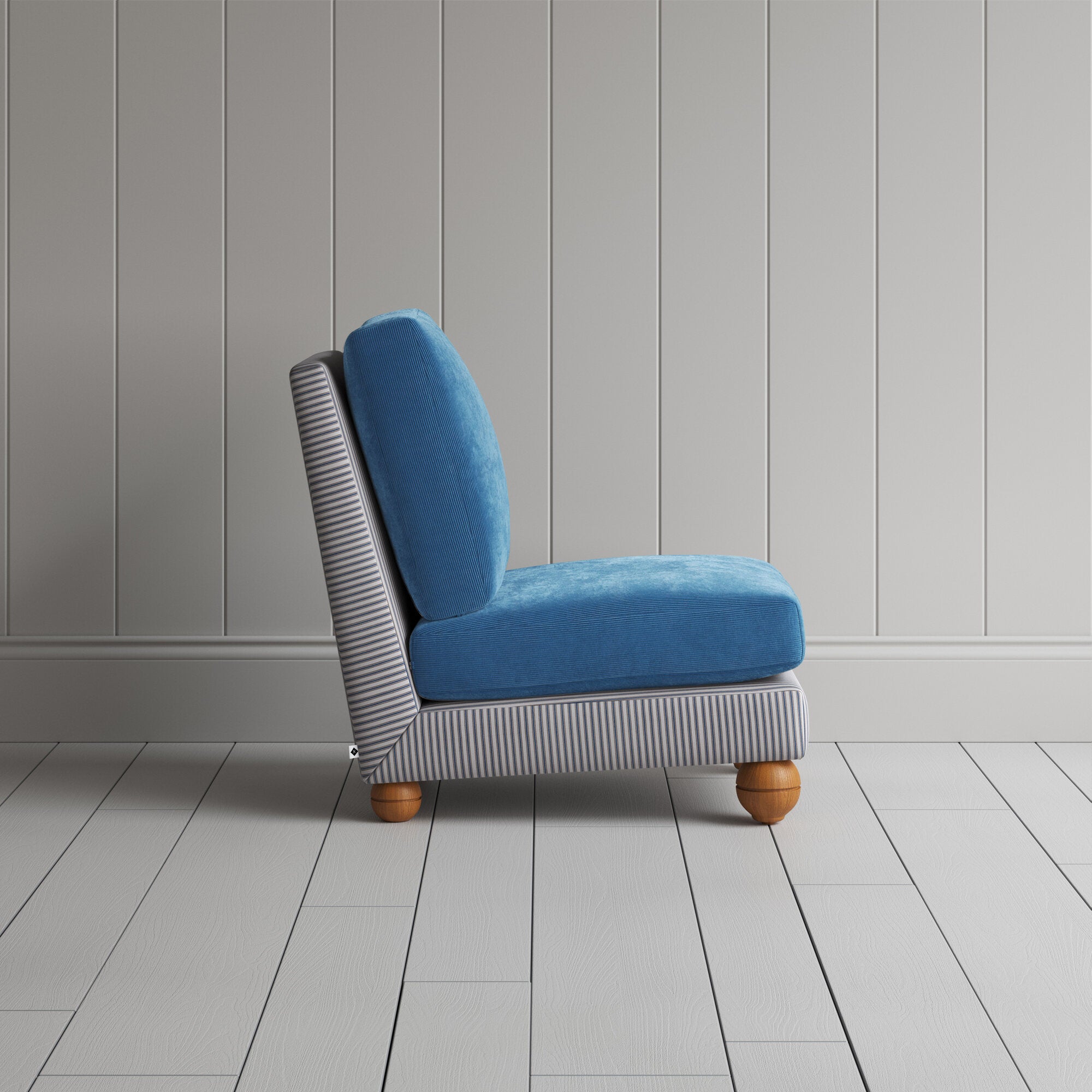  Perch Slipper Armchair in Ticking Blue Brown Frame and Classic Corduroy Harbour Blue Seat 