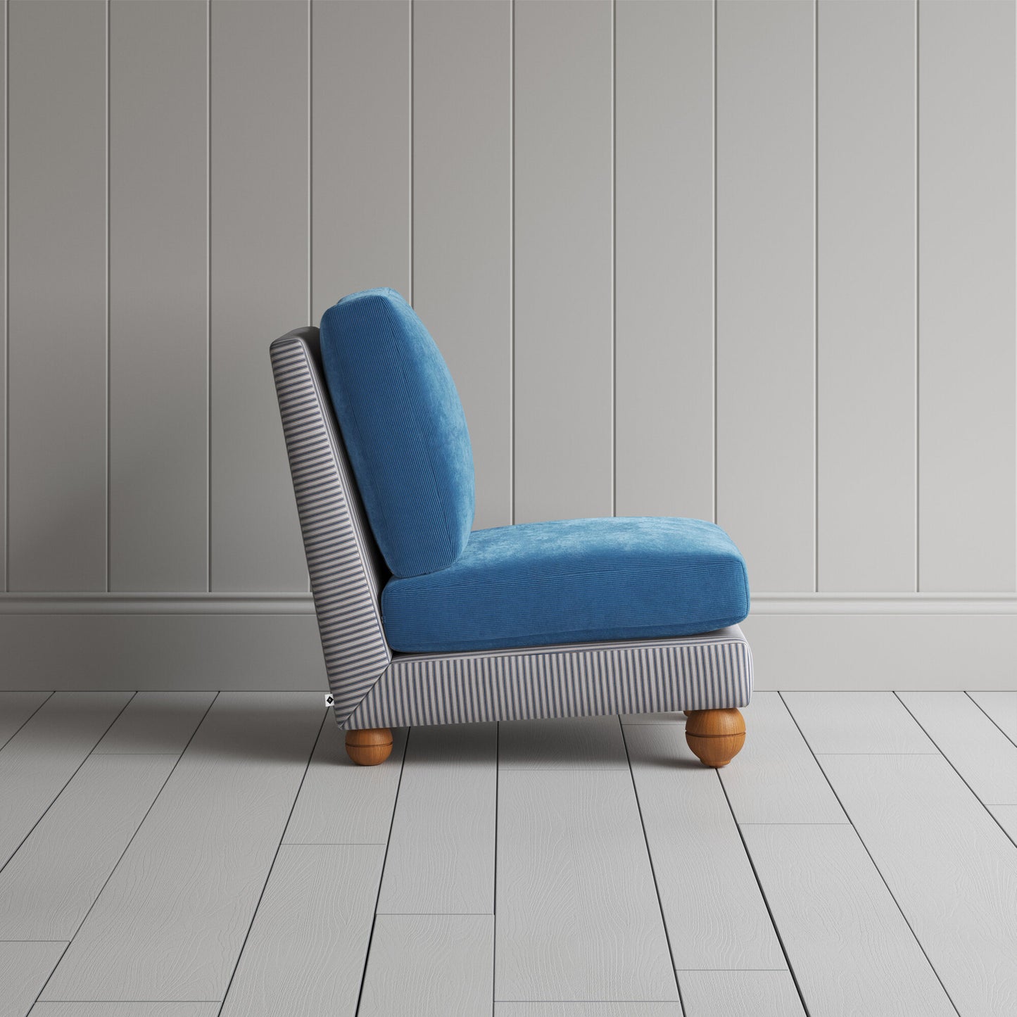 Perch Slipper Armchair in Ticking Blue Brown Frame and Classic Corduroy Harbour Blue Seat