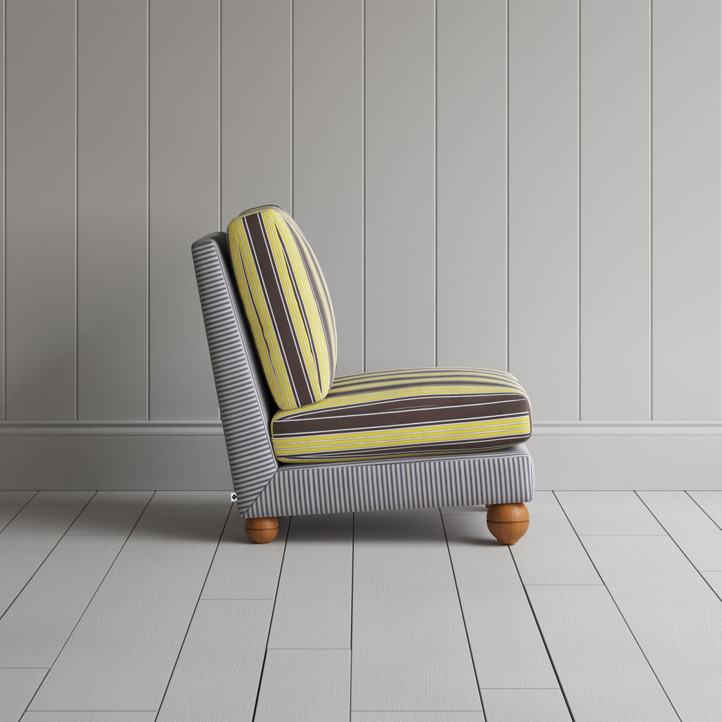  Perch Slipper Armchair in Ticking Blue Brown Frame and Regatta Custard Seat 