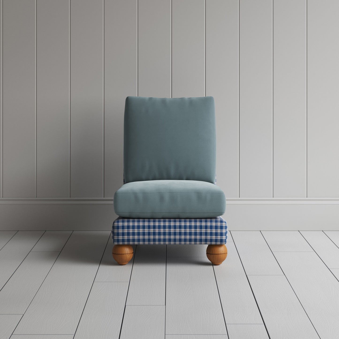 Perch Slipper Armchair in Well Plaid Frame and Intelligent Velvet Mineral Seat