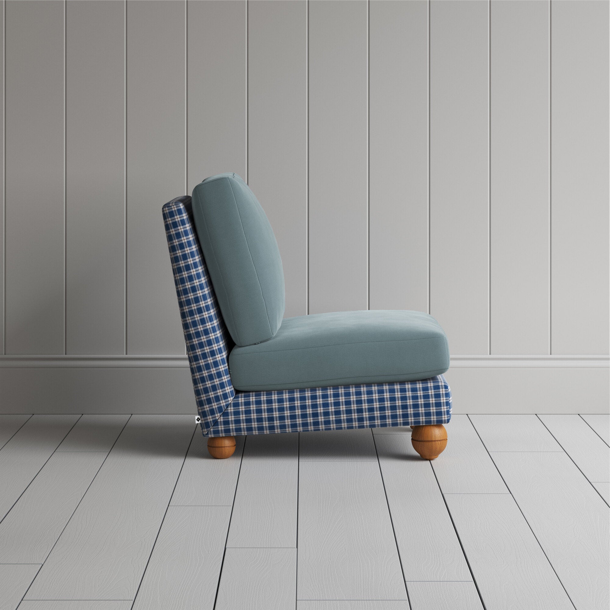  Perch Slipper Armchair in Well Plaid Frame and Intelligent Velvet Mineral Seat 