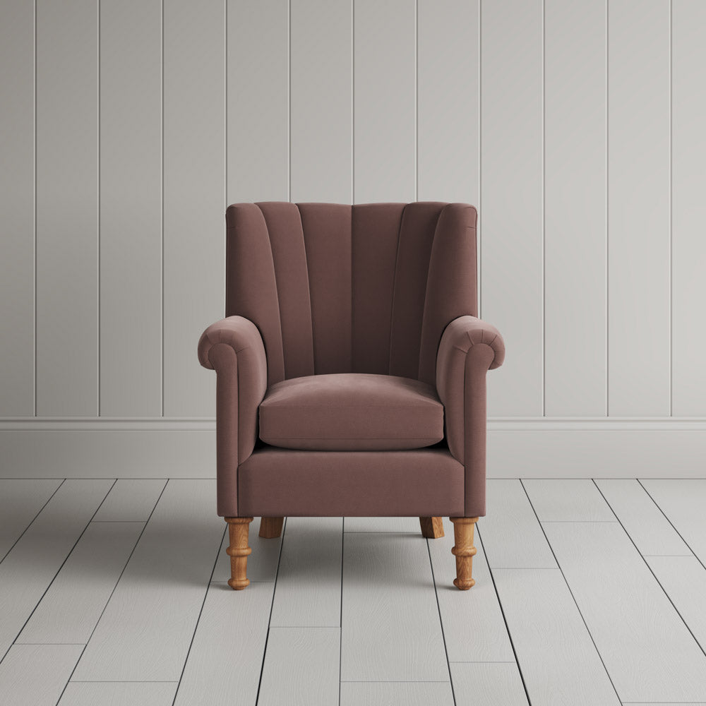 Time Out Armchair fluted back design in intelligent velvet dusky pink, front view by Nicola Harding.