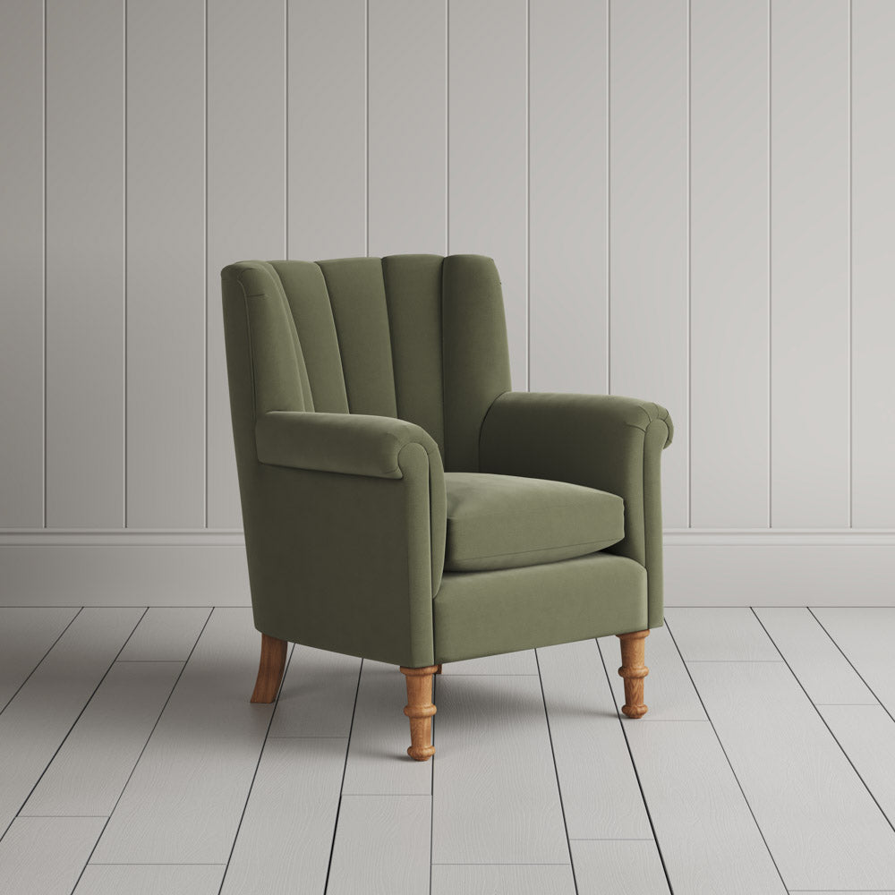 Time Out Armchair fluted back armchair in intelligent velvet green tea, angled view by NiX.