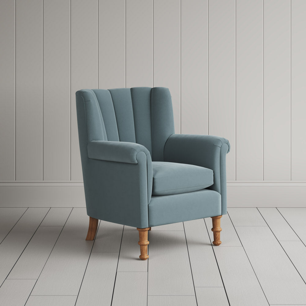  Time Out Armchair fluted back armchair in intelligent velvet mineral, angled view by NiX. 