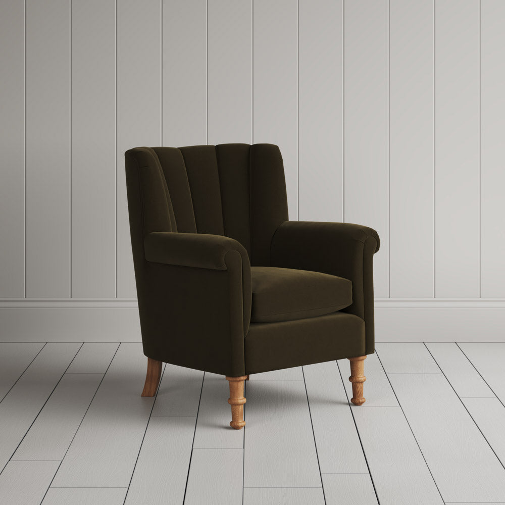 Time Out Armchair fluted back armchair in intelligent velvet seaweed, angled view by NiX. 