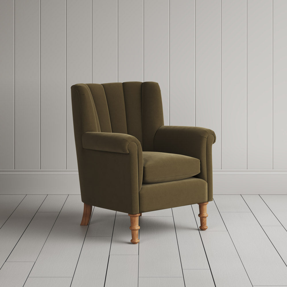 Time Out Armchair fluted back armchair in intelligent velvet sepia, angled view by NiX.