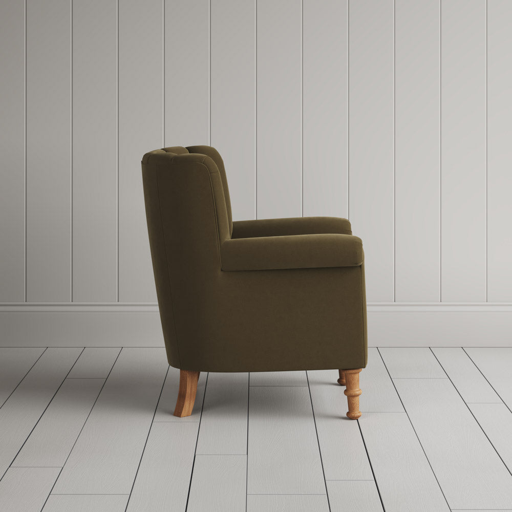  Time Out Armchair in intelligent velvet sepia, side view by NiX. 