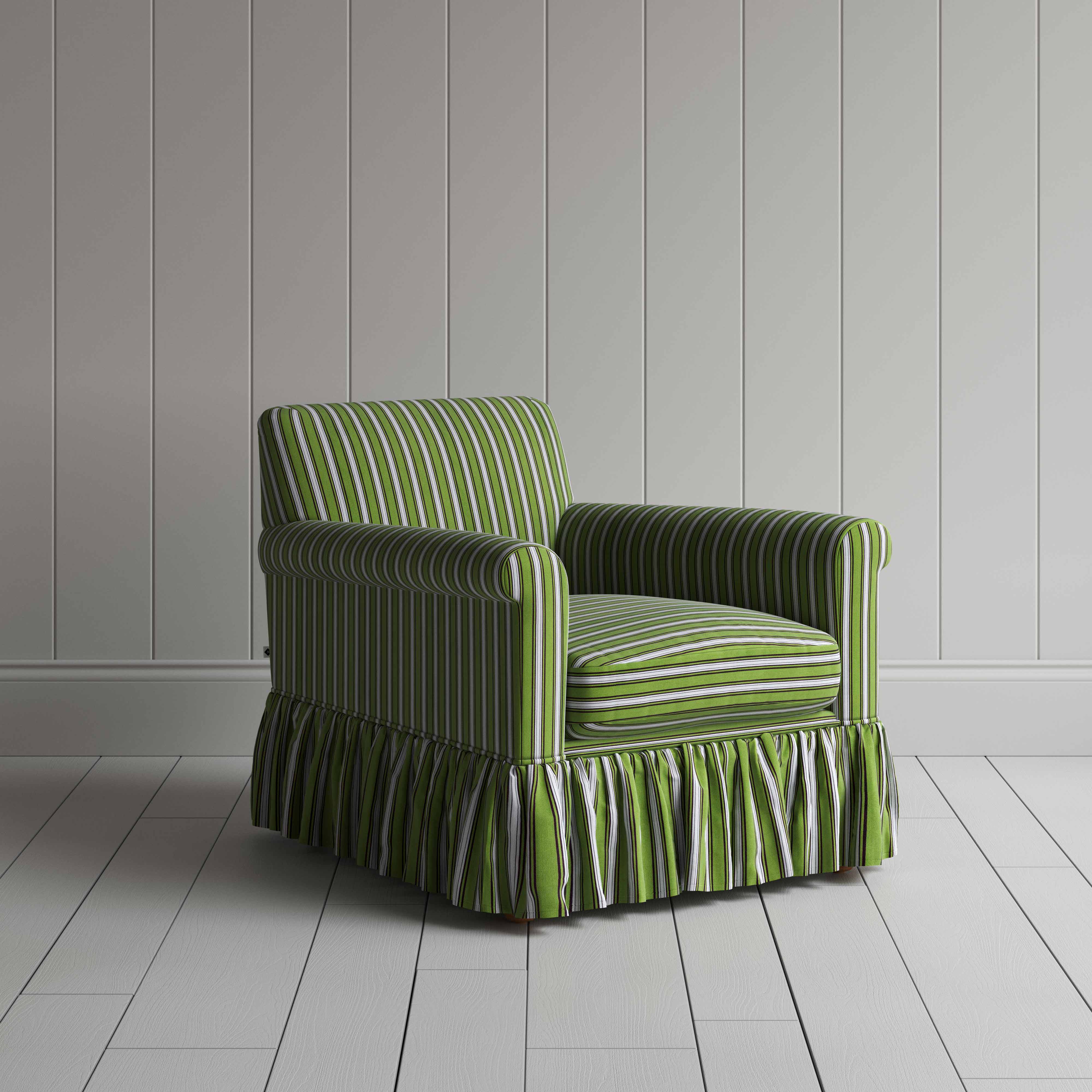  Stylish green and white striped armchair with a delicate ruffled skirt, adding a chic touch to your living space. 