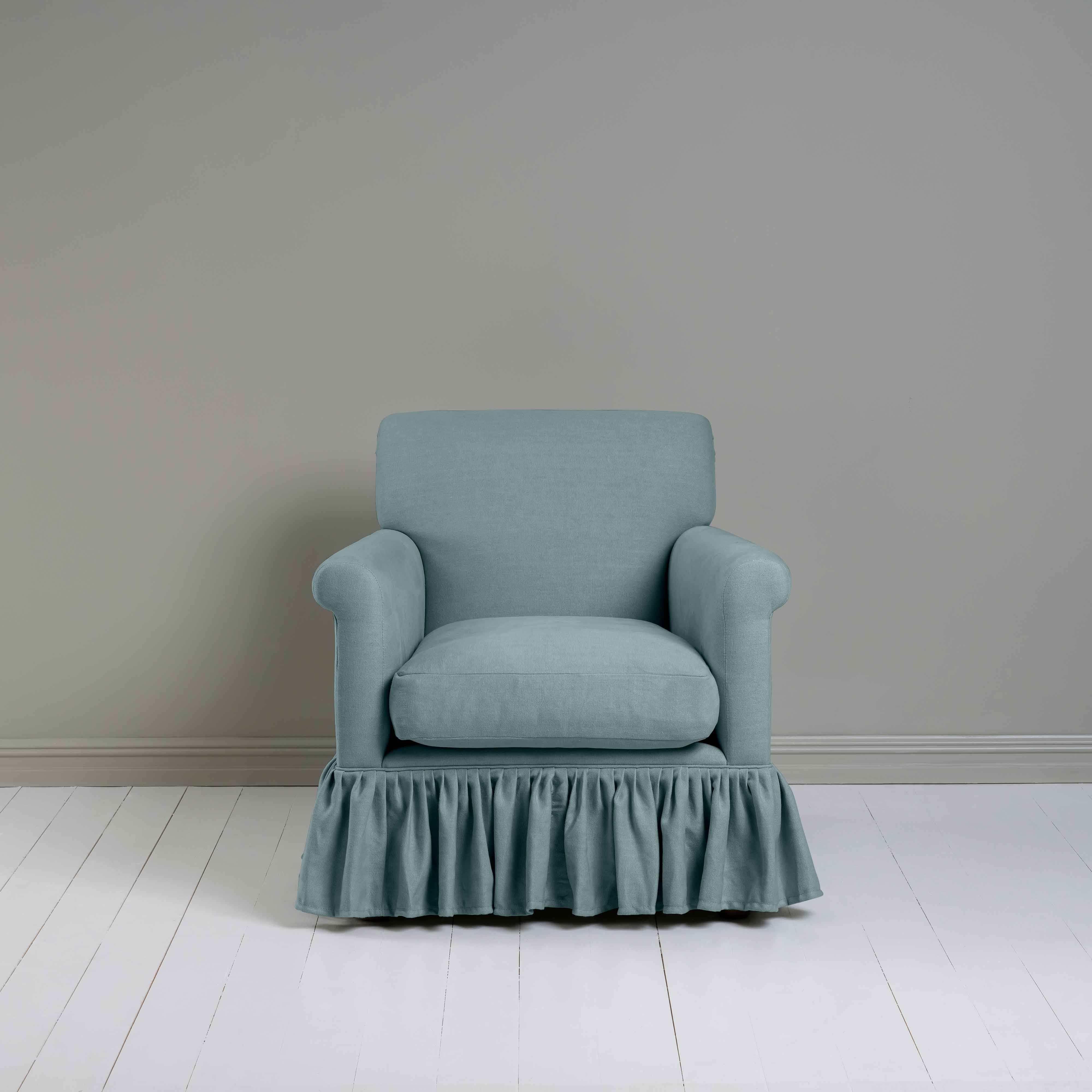  Curtain Call Armchair in Laidback Linen Cerulean, Front View - Nicola Harding 