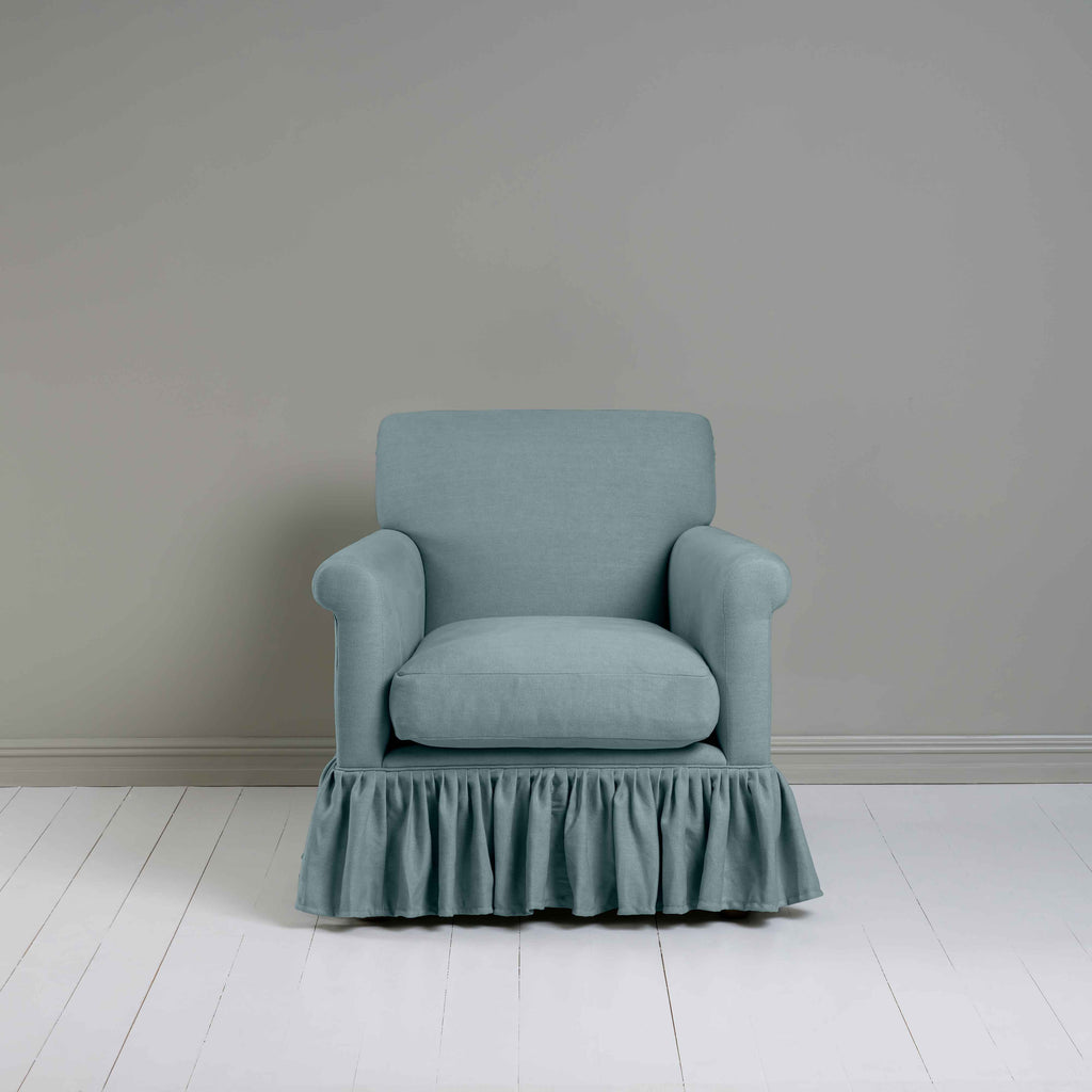  Curtain Call Armchair in Laidback Linen Cerulean, Front View - Nicola Harding 