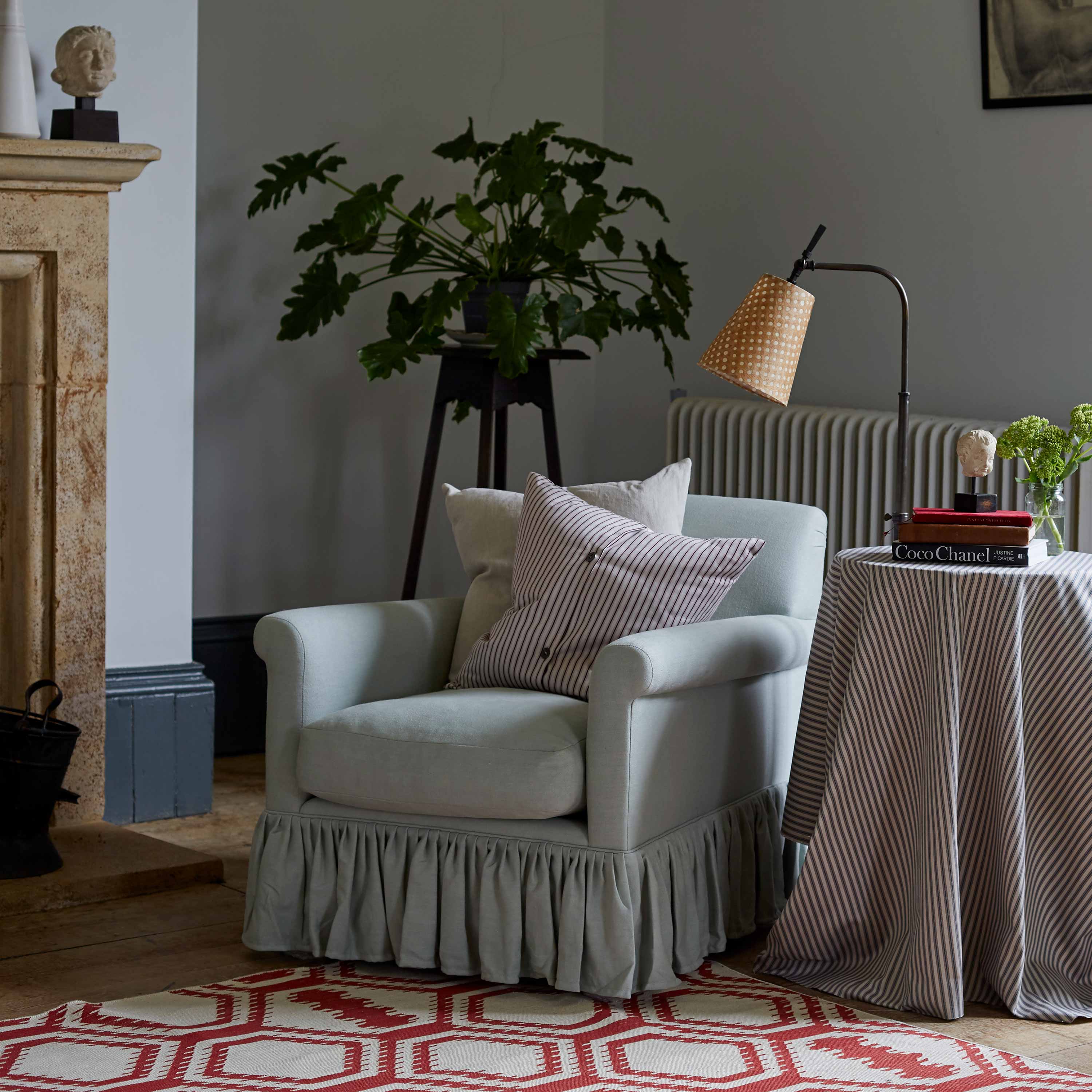  Curtain Call Armchair, With Two Square Cushions, A Side Table, And a Floor Lamp with Dotted Lamp Shade - Nicola Harding 