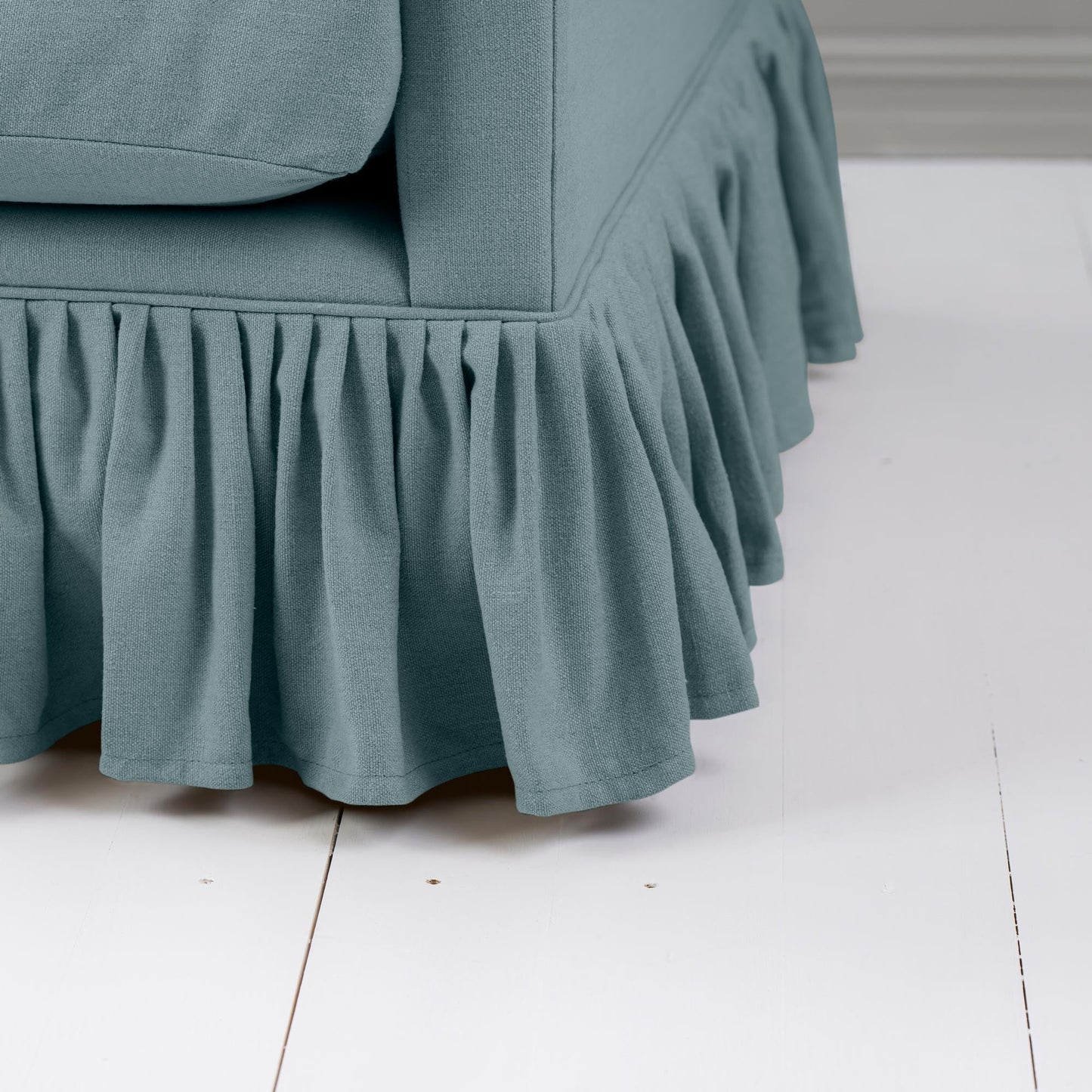 Curtain Call Armchair in Laidback Linen Cerulean, With Ruffle Design Closeup - Nicola Harding