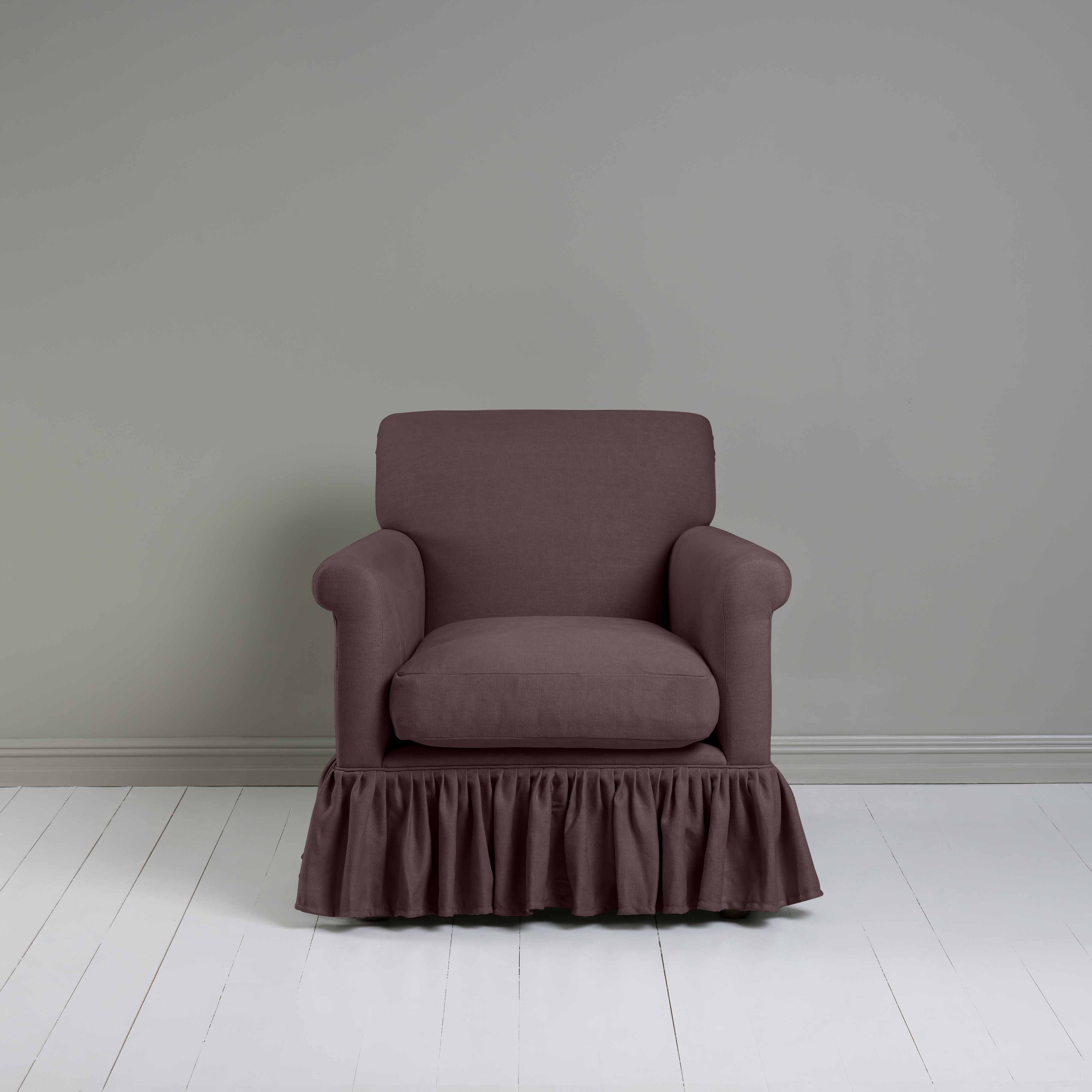  Curtain Call Armchair in Laidback Linen Damson, Front View - Nicola Harding 