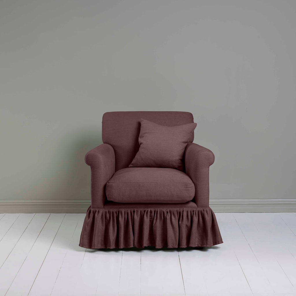  Curtain Call Armchair in Laidback Linen Damson, With a Matching NiX Special Square Cushion from Front View - Nicola Harding 