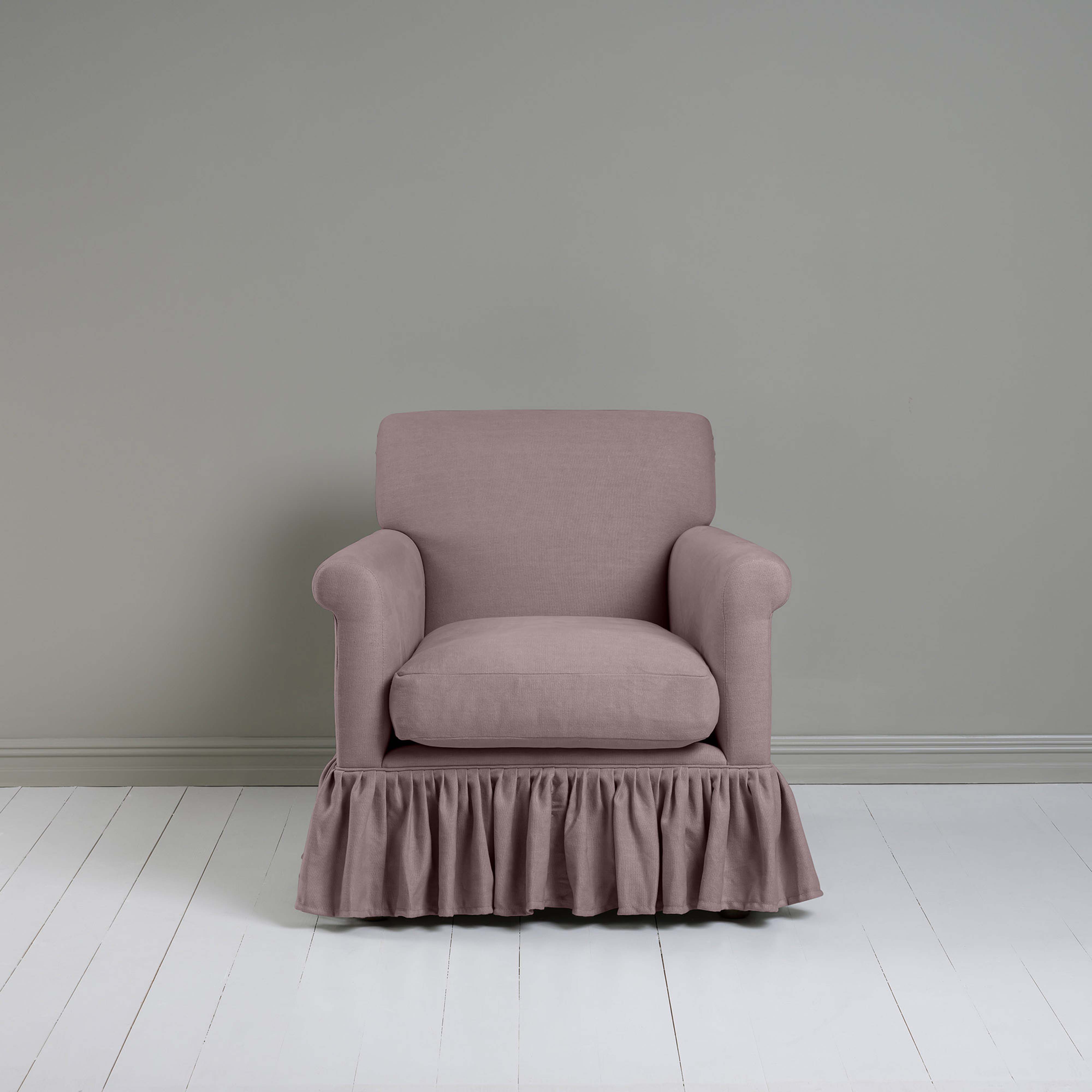  Curtain Call Armchair in Laidback Linen Heather, Front View - Nicola Harding 