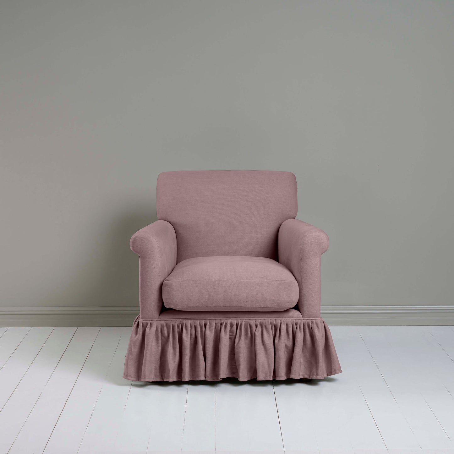 Curtain Call Armchair in Laidback Linen Heather, Front View - Nicola Harding