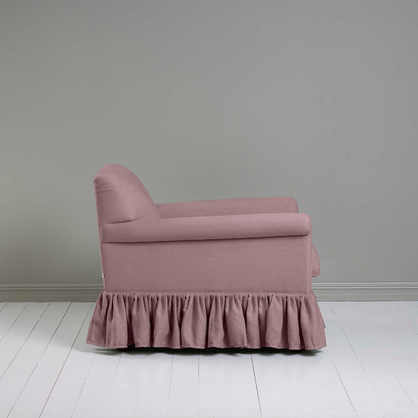 Curtain Call Armchair in Laidback Linen Heather, Side View - Nicola Harding