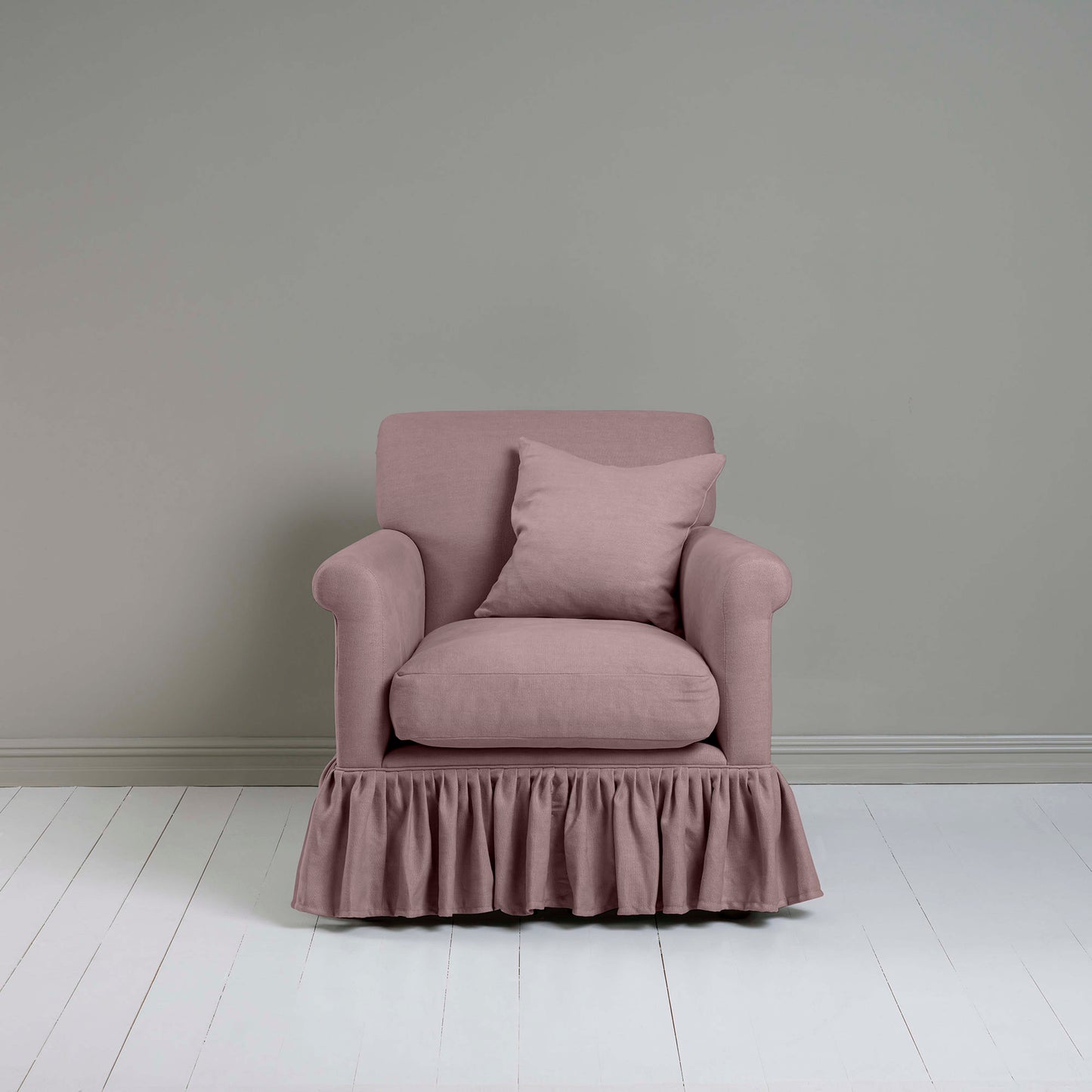 Curtain Call Armchair in Laidback Linen Heather, With a Matching Square Cushion from Front View - Nicola Harding