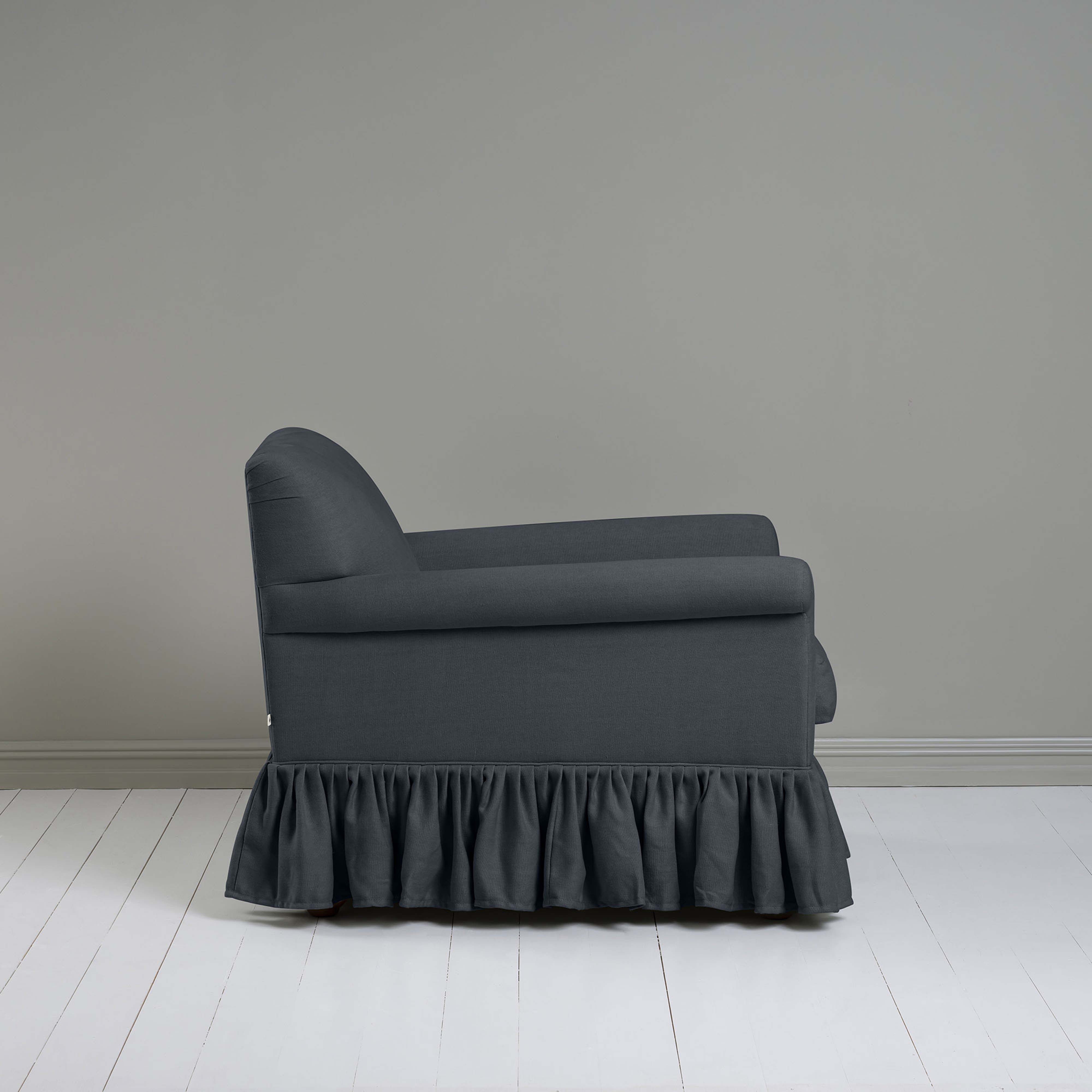  Curtain Call Armchair in Laidback Linen Midnight, Side View - Nicola Harding 