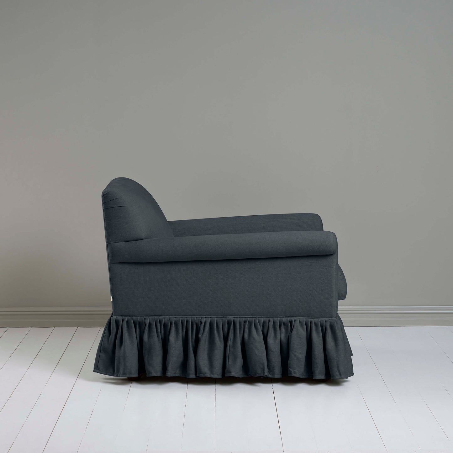 Curtain Call Armchair in Laidback Linen Midnight, Side View - Nicola Harding