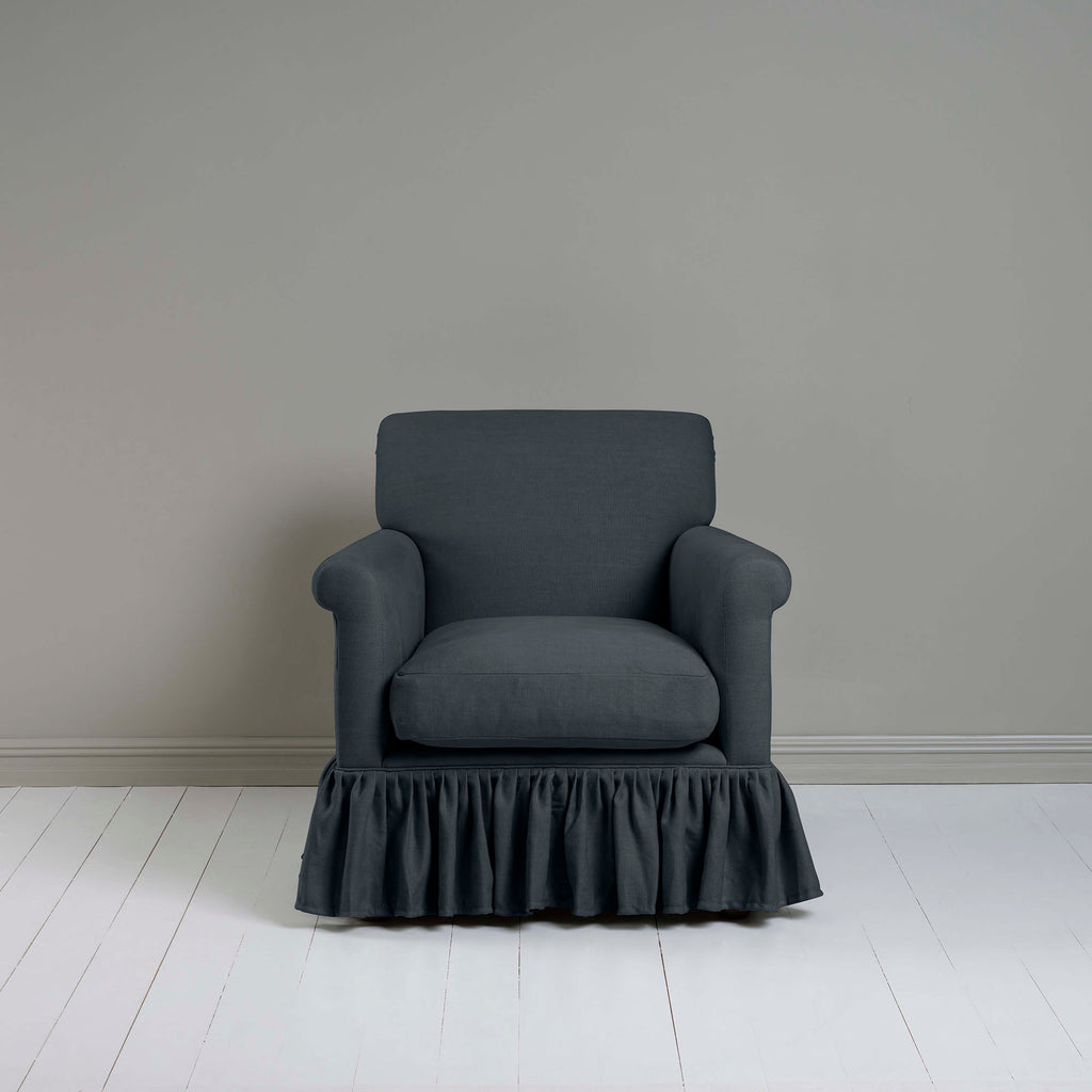 Curtain Call Armchair in Laidback Linen Midnight, Front View - Nicola Harding 