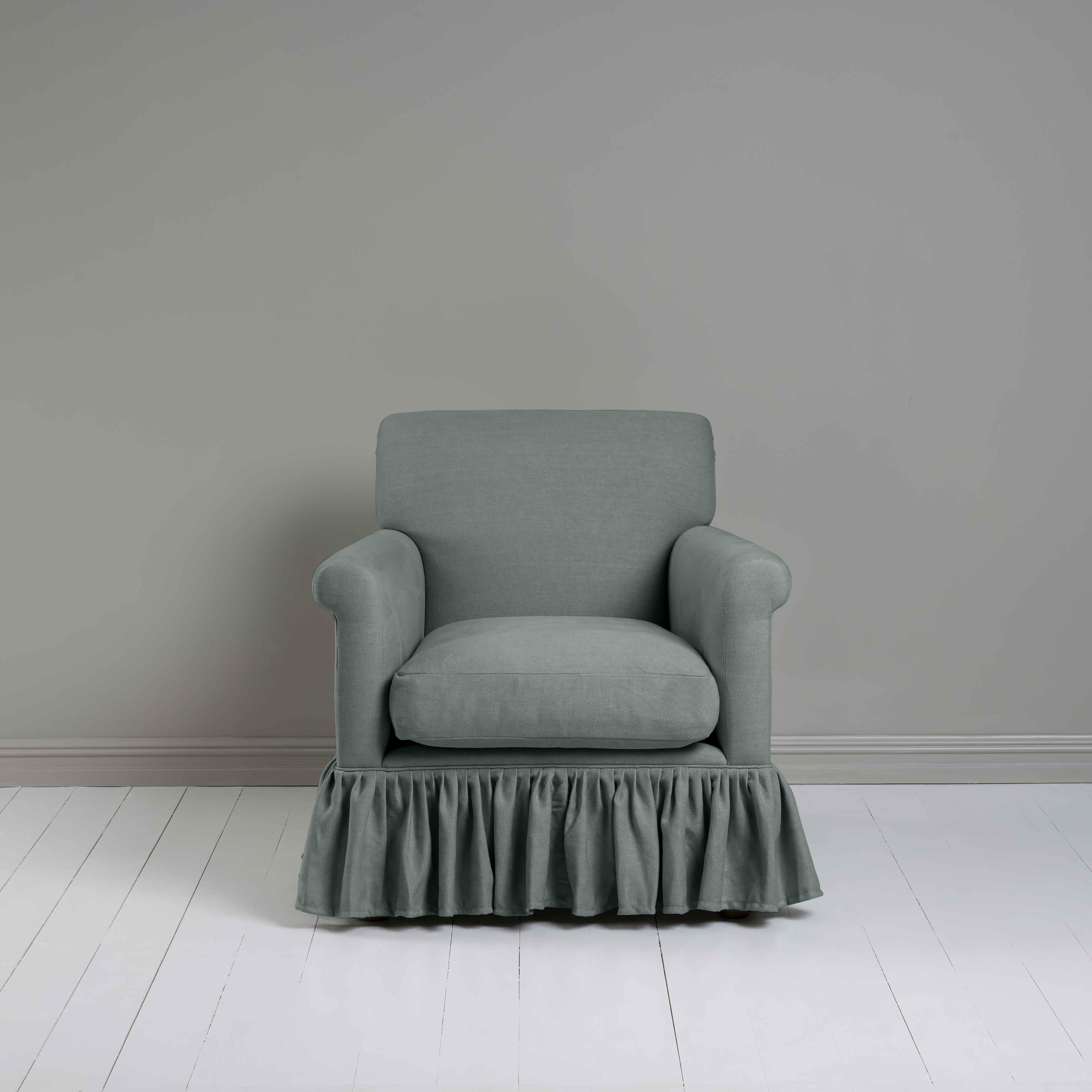  Curtain Call Armchair in Laidback Linen Mineral, Front View - Nicola Harding 