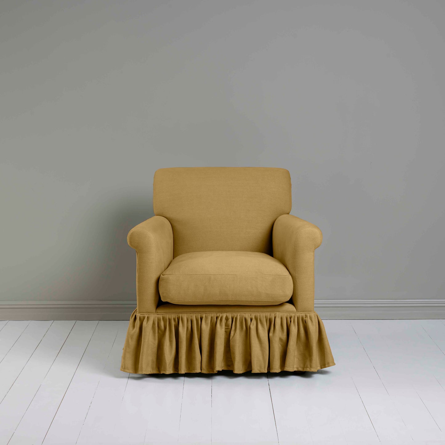 Curtain Call Armchair in Laidback Linen Ochre, Front View - Nicola Harding