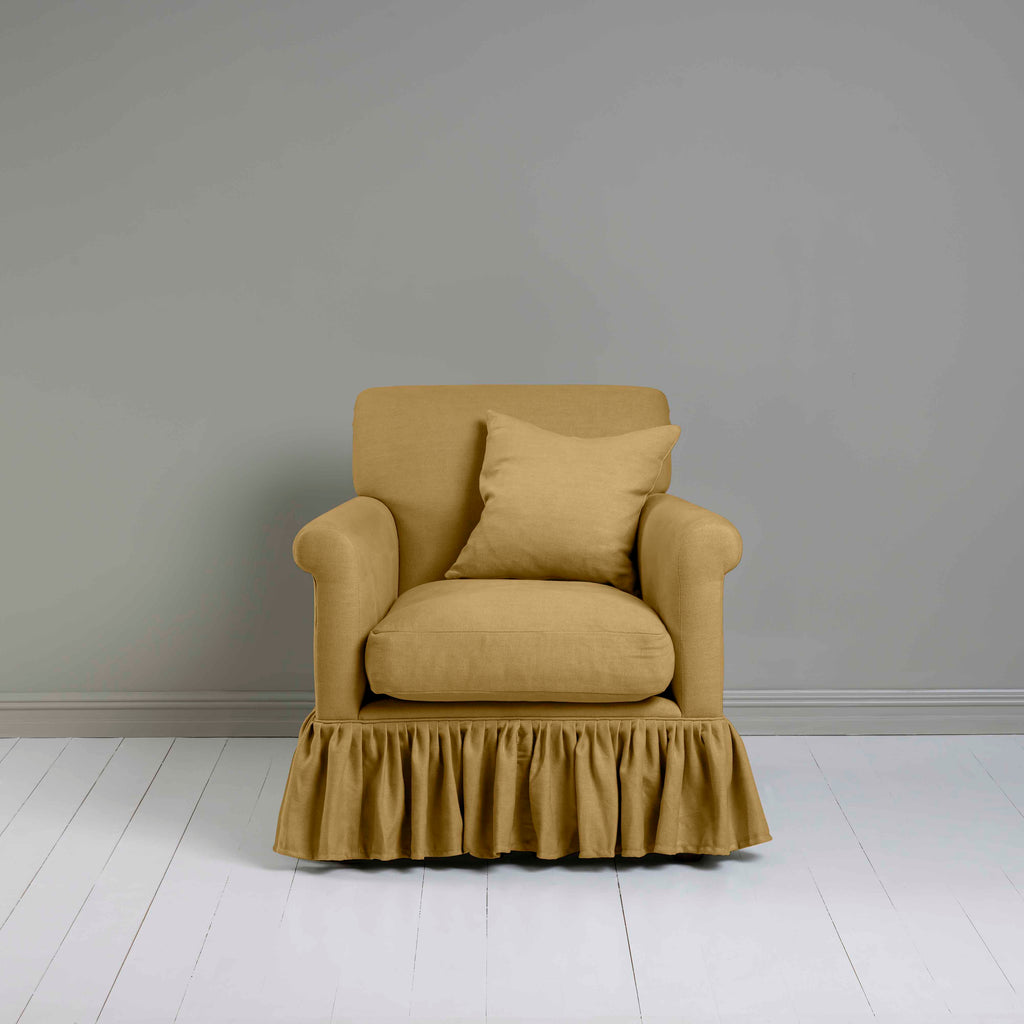  Curtain Call Armchair in Laidback Linen Ochre, With a Matching NiX Special Square Cushion - Nicola Harding 