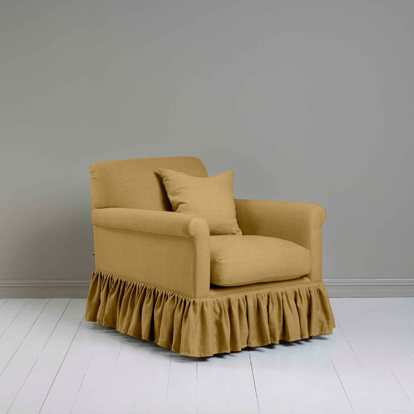 Curtain Call Armchair in Laidback Linen Ochre, With a Matching Square Cushion - Nicola Harding