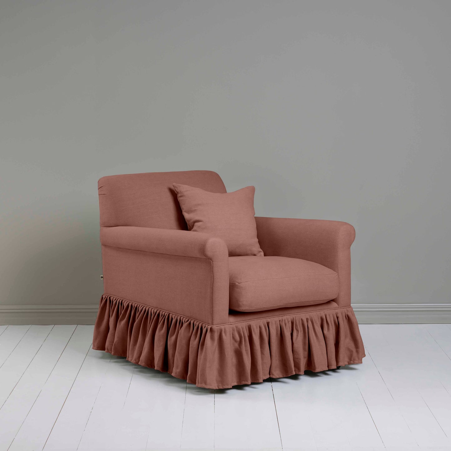 Curtain Call Armchair in Laidback Linen Sweet Briar, With Matching Square Cushion - Nicola Harding