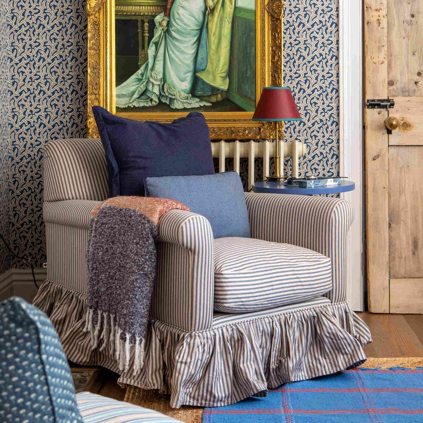 Curtain Call Armchair in Ticking Cotton, Berry
