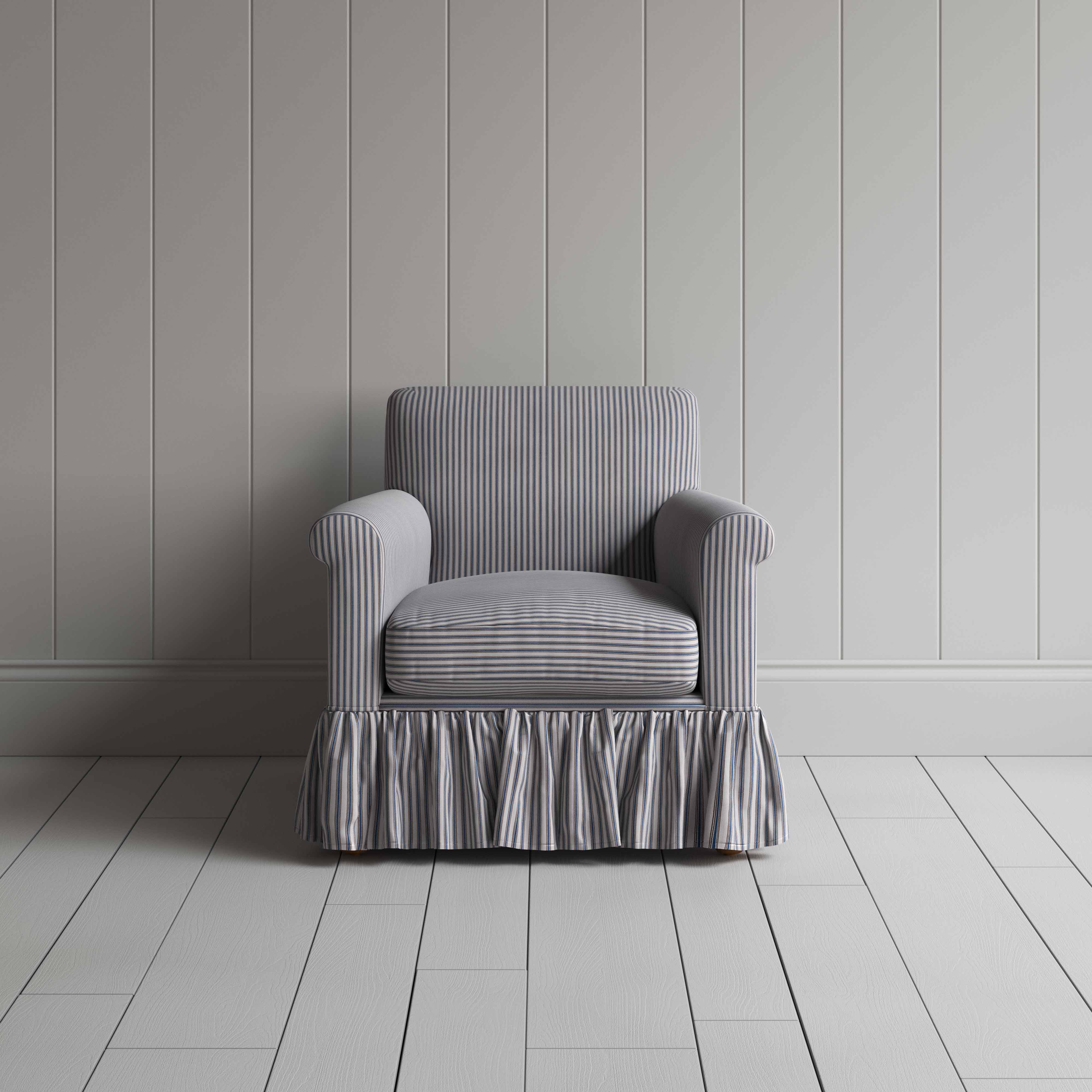  Curtain Call Armchair in Ticking Cotton, Blue Brown, Front View - Nicola Harding 