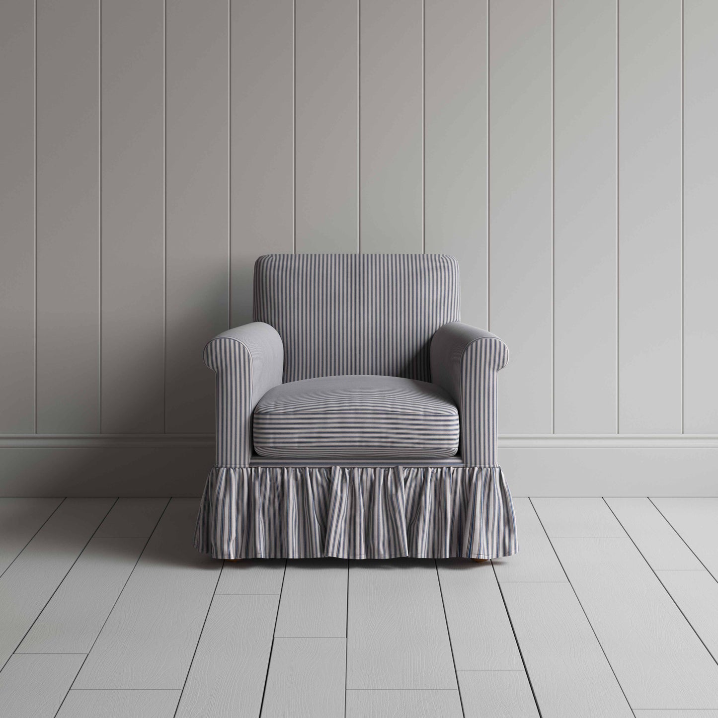 Curtain Call Armchair in Ticking Cotton, Blue Brown, Front View - Nicola Harding